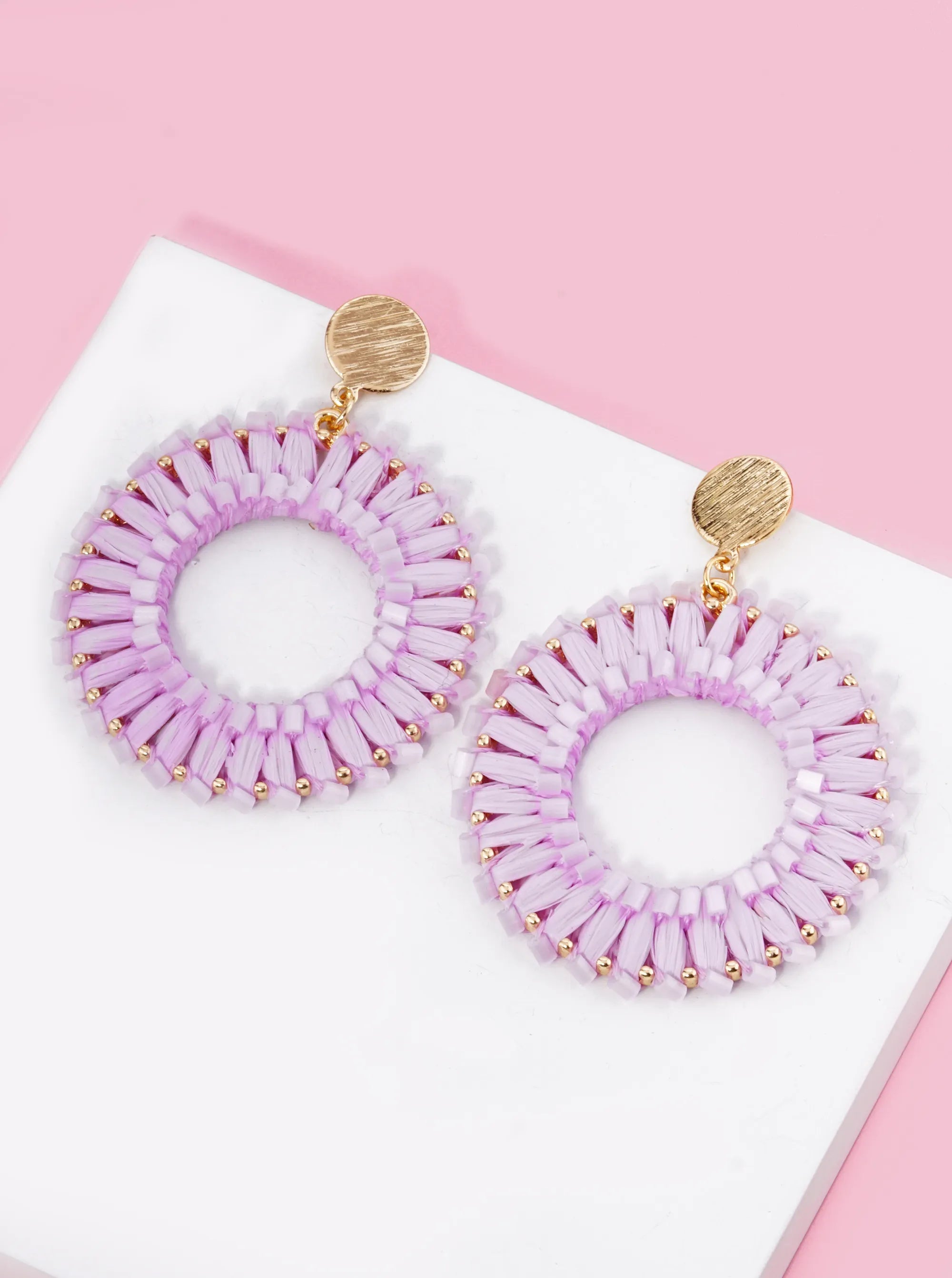 Cylinder Beaded Raffia Circle Drop Dangle Post Earrings