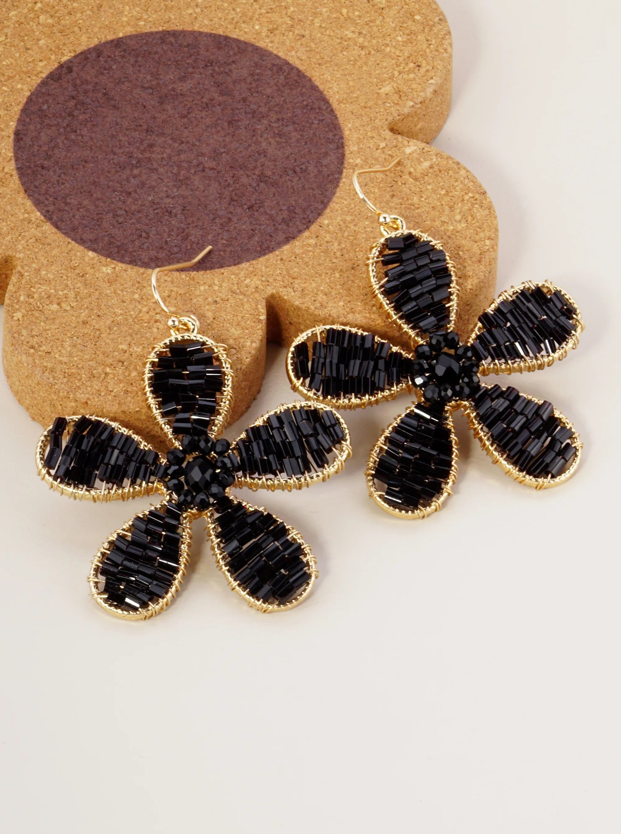 Cylinder Beads Wire Wrapped Flower Drop Dangle Earrings