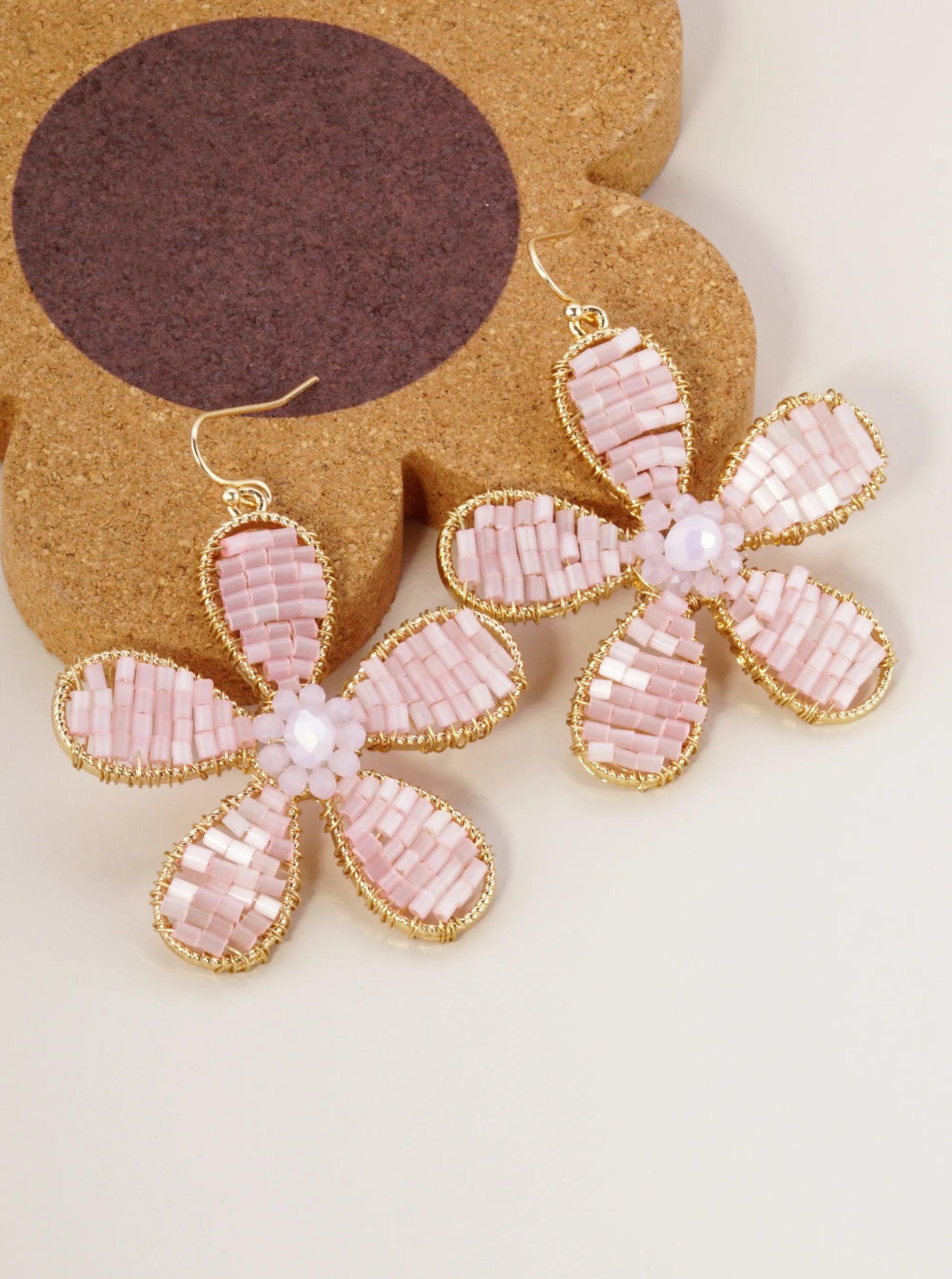 Cylinder Beads Wire Wrapped Flower Drop Dangle Earrings