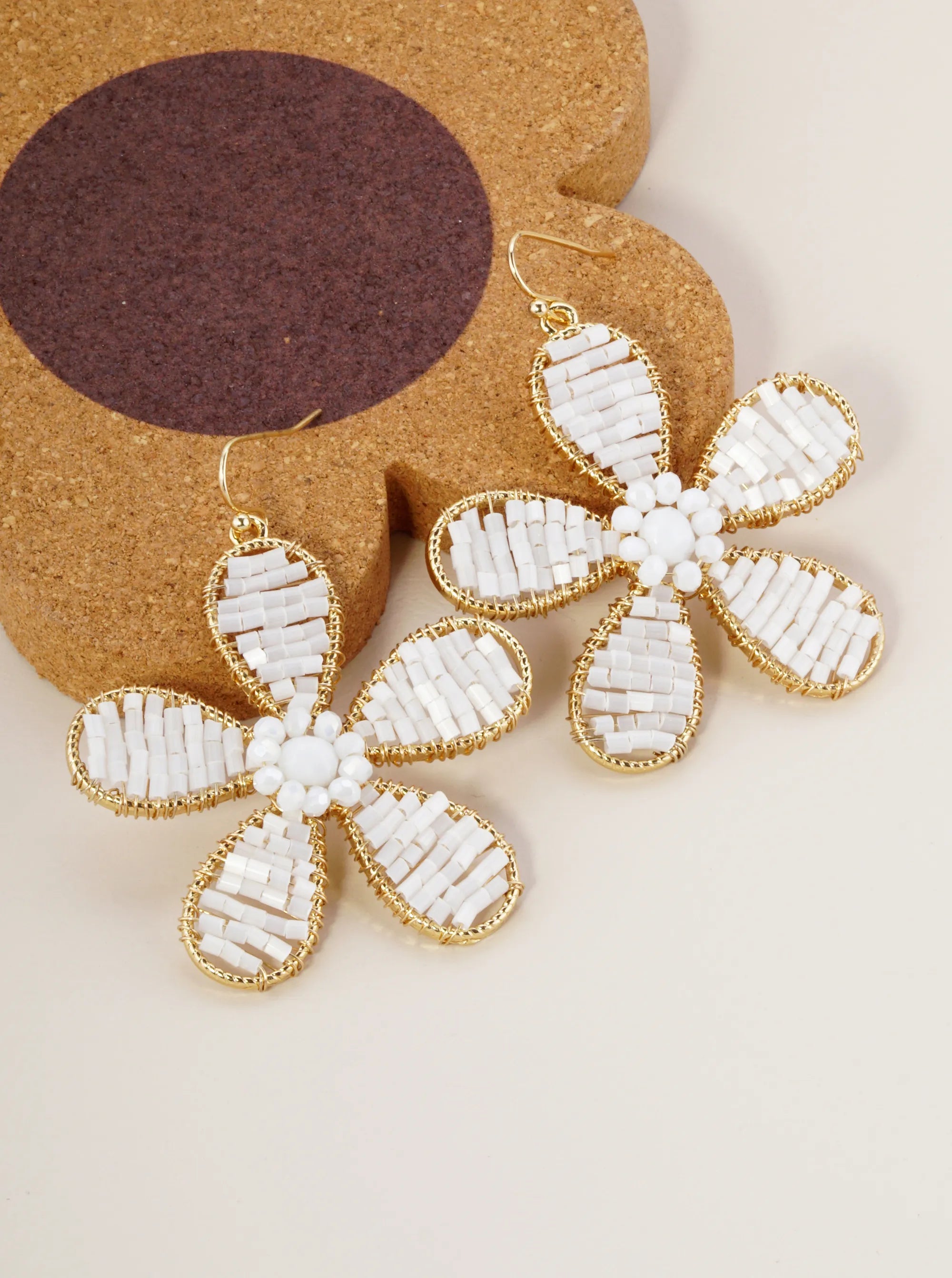 Cylinder Beads Wire Wrapped Flower Drop Dangle Earrings