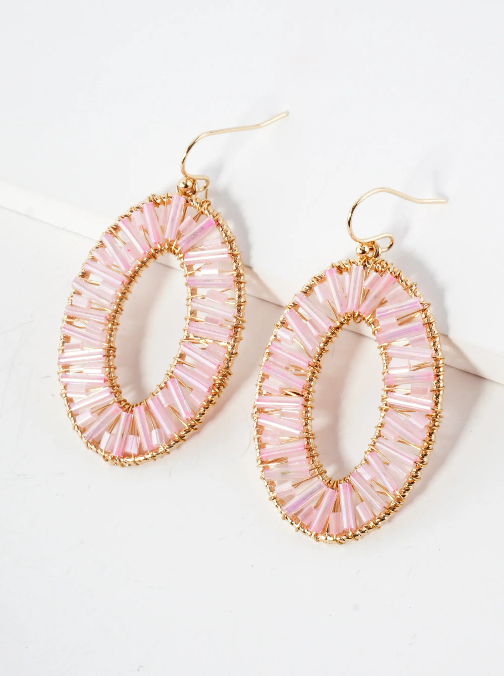 Cylinder Beads Wire Wrapped Oval Dangle Earrings