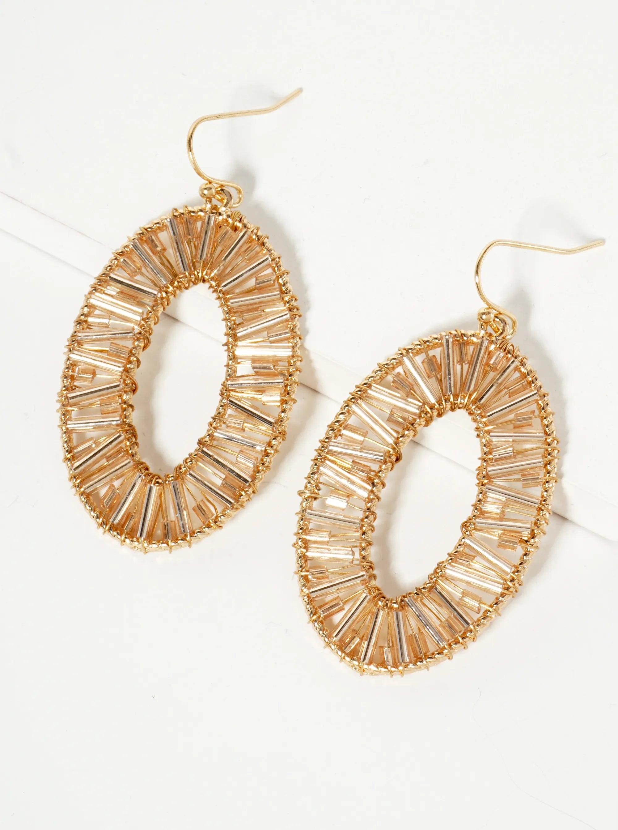 Cylinder Beads Wire Wrapped Oval Dangle Earrings