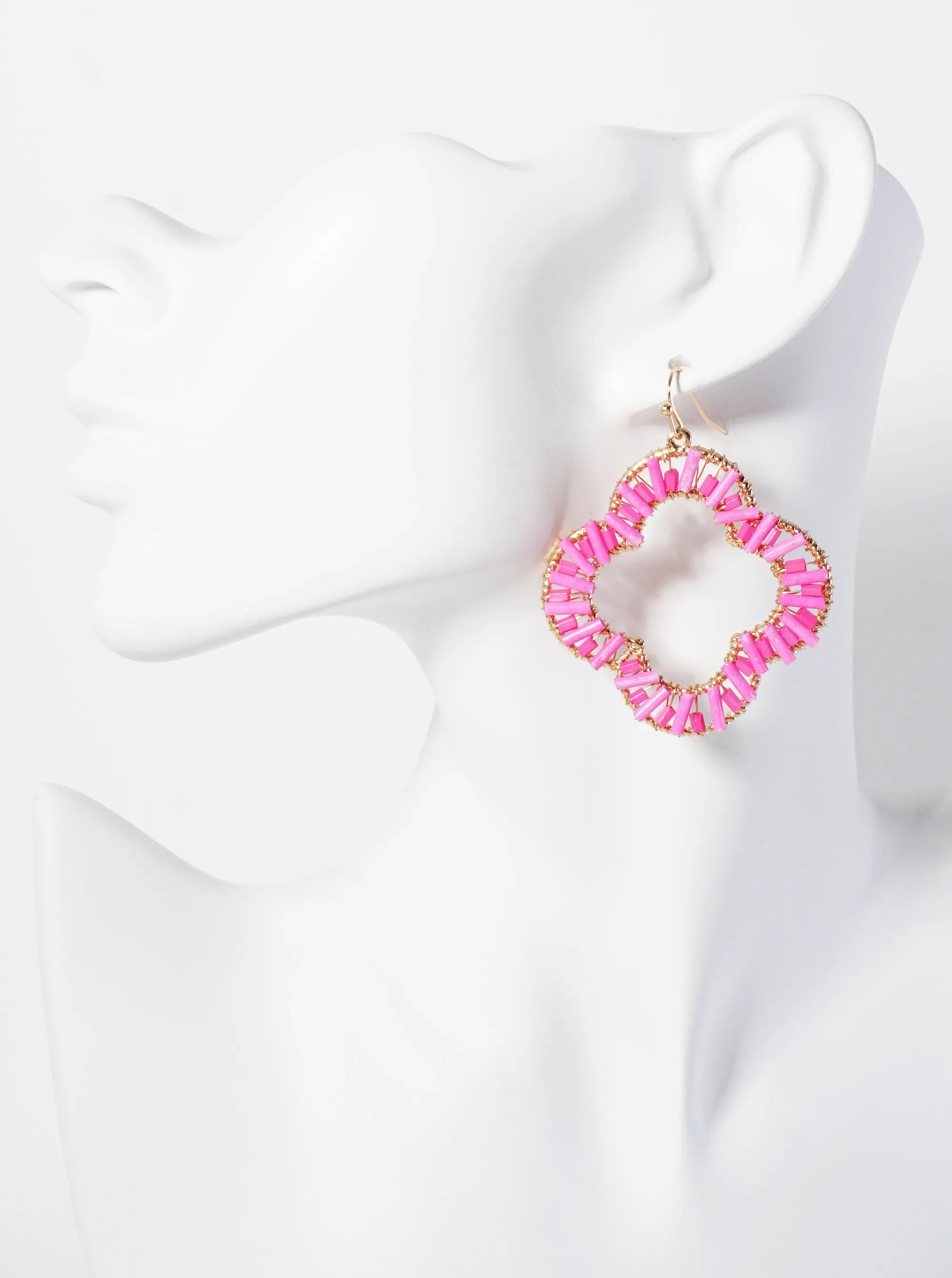 Cylinder-Beads Wire-Wrapped Quatrefoil Dangle Drop Earrings