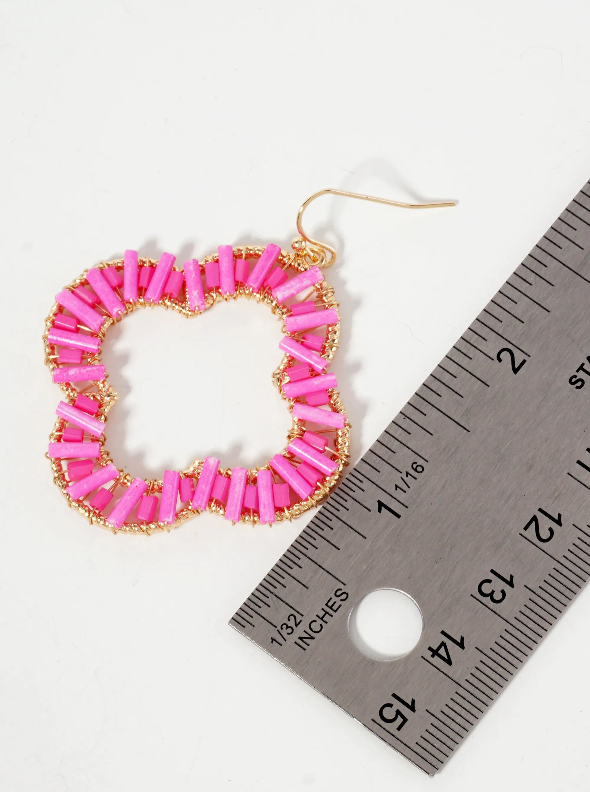 Cylinder-Beads Wire-Wrapped Quatrefoil Dangle Drop Earrings