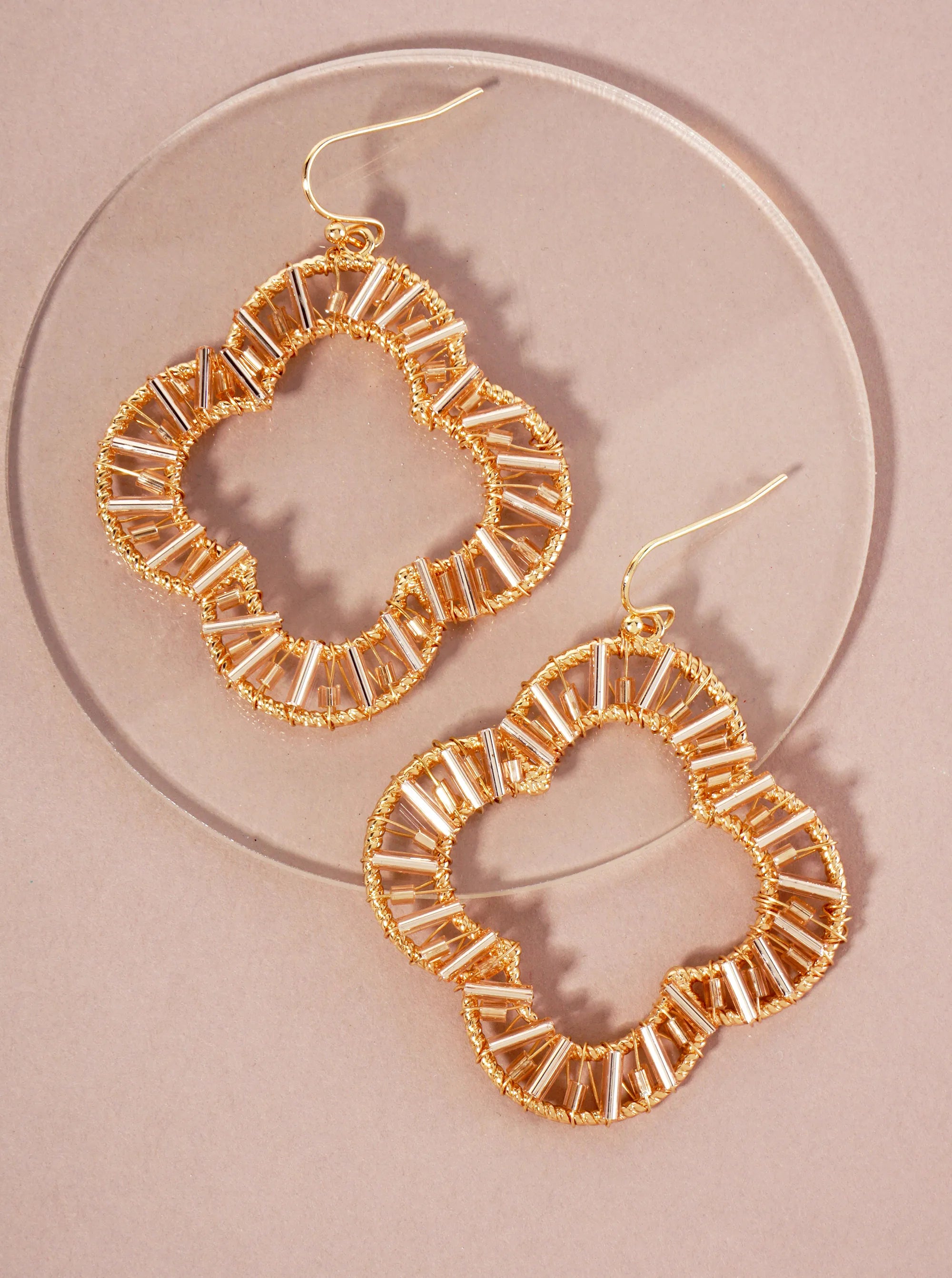 Cylinder-Beads Wire-Wrapped Quatrefoil Dangle Drop Earrings