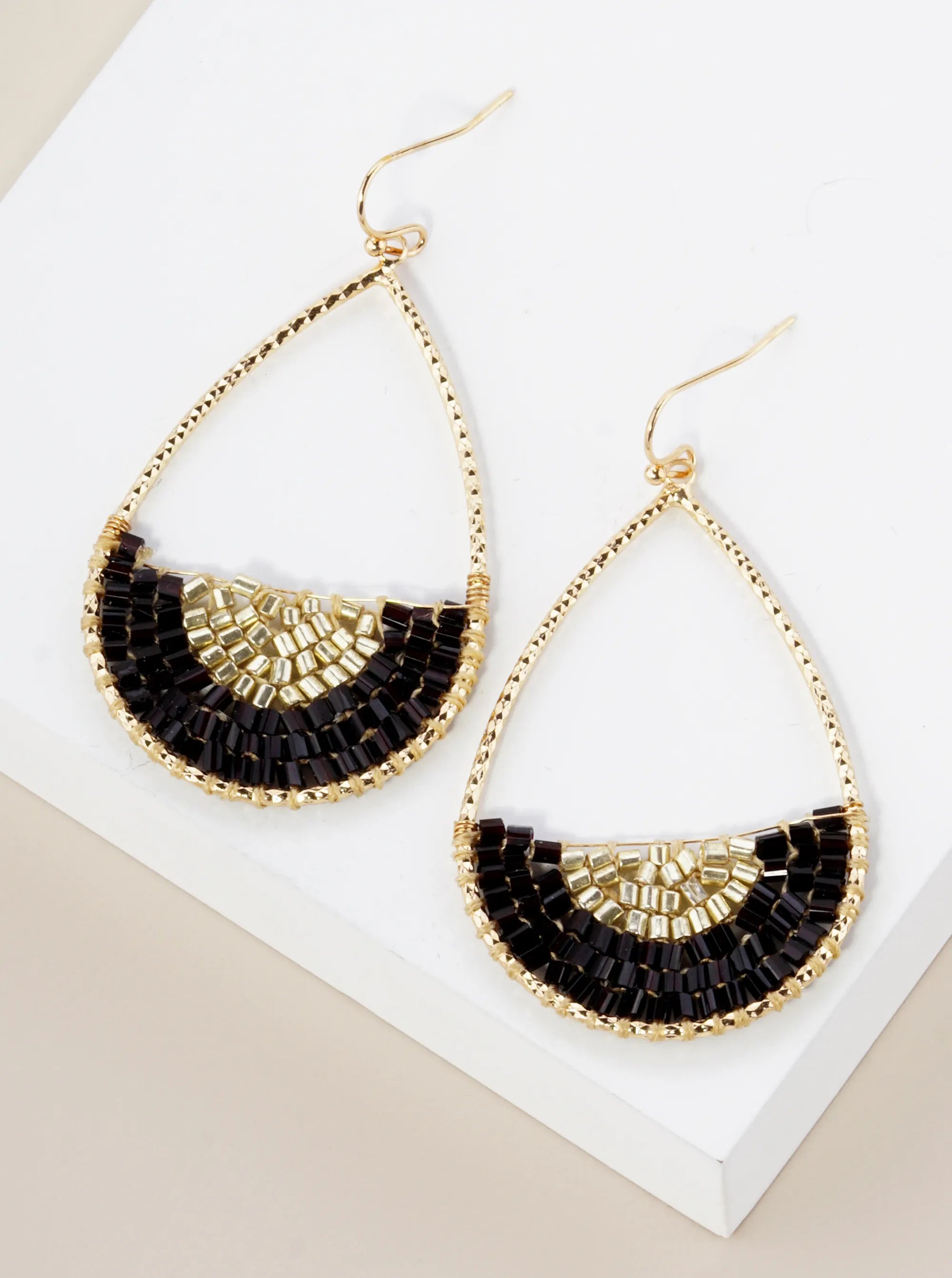 Cylinder Beads Wire Wrapped Textured Teardrop Dangle Earrings