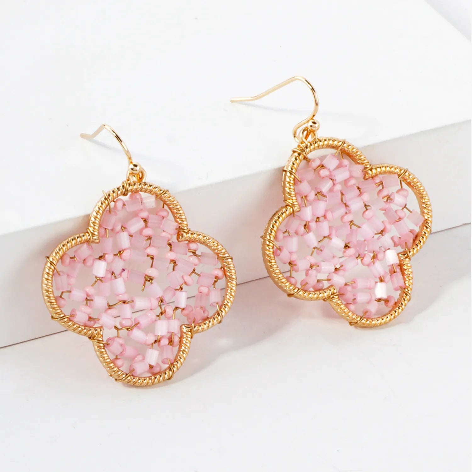 Cylinder Seed-Beads Wire-Wrapped Quatrefoil Earrings