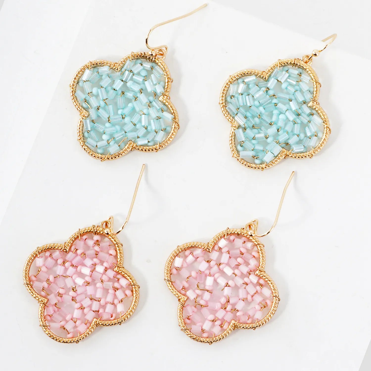 Cylinder Seed-Beads Wire-Wrapped Quatrefoil Earrings