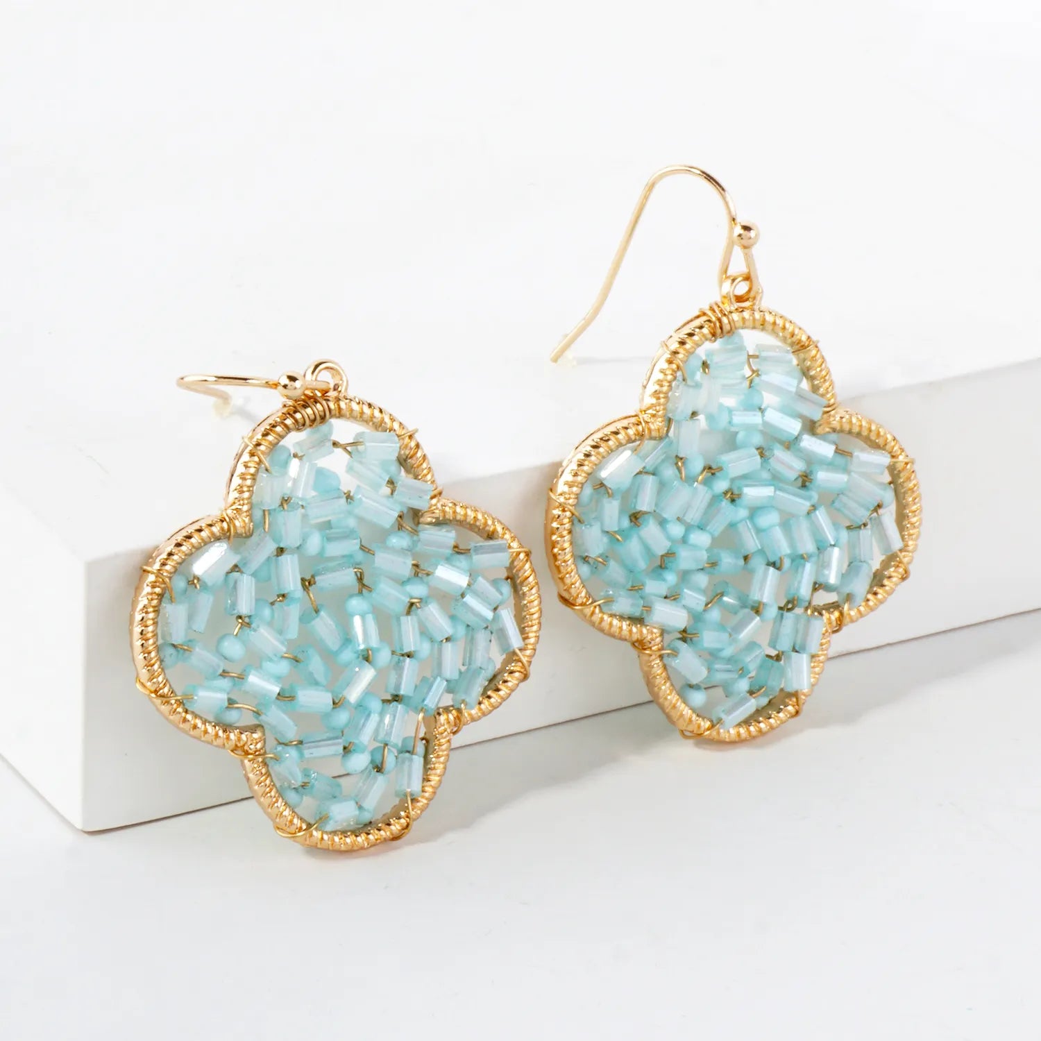 Cylinder Seed-Beads Wire-Wrapped Quatrefoil Earrings
