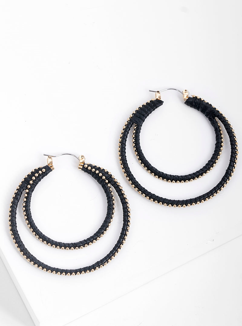 Double Circle Raffia Wrapped In String Hoop Earrings