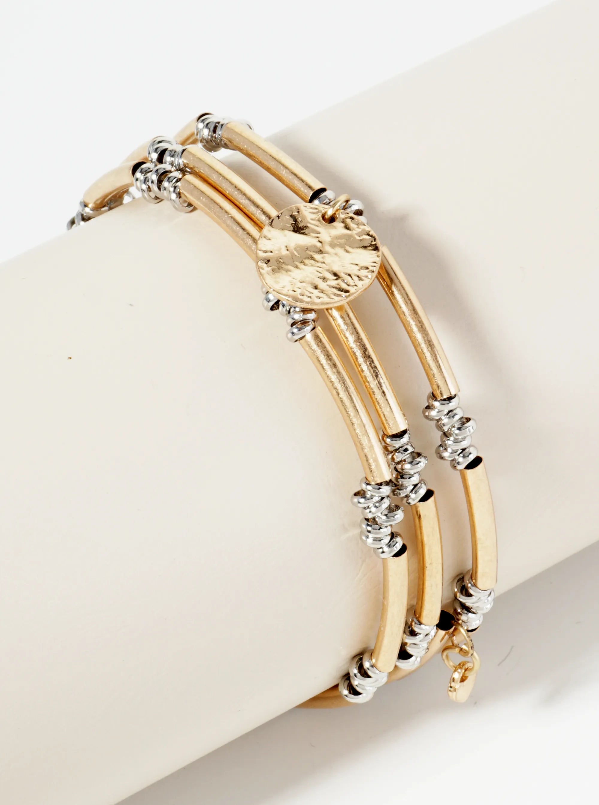 Dual-Tone Elastic Spring Bracelet With Hammered Disc Charm