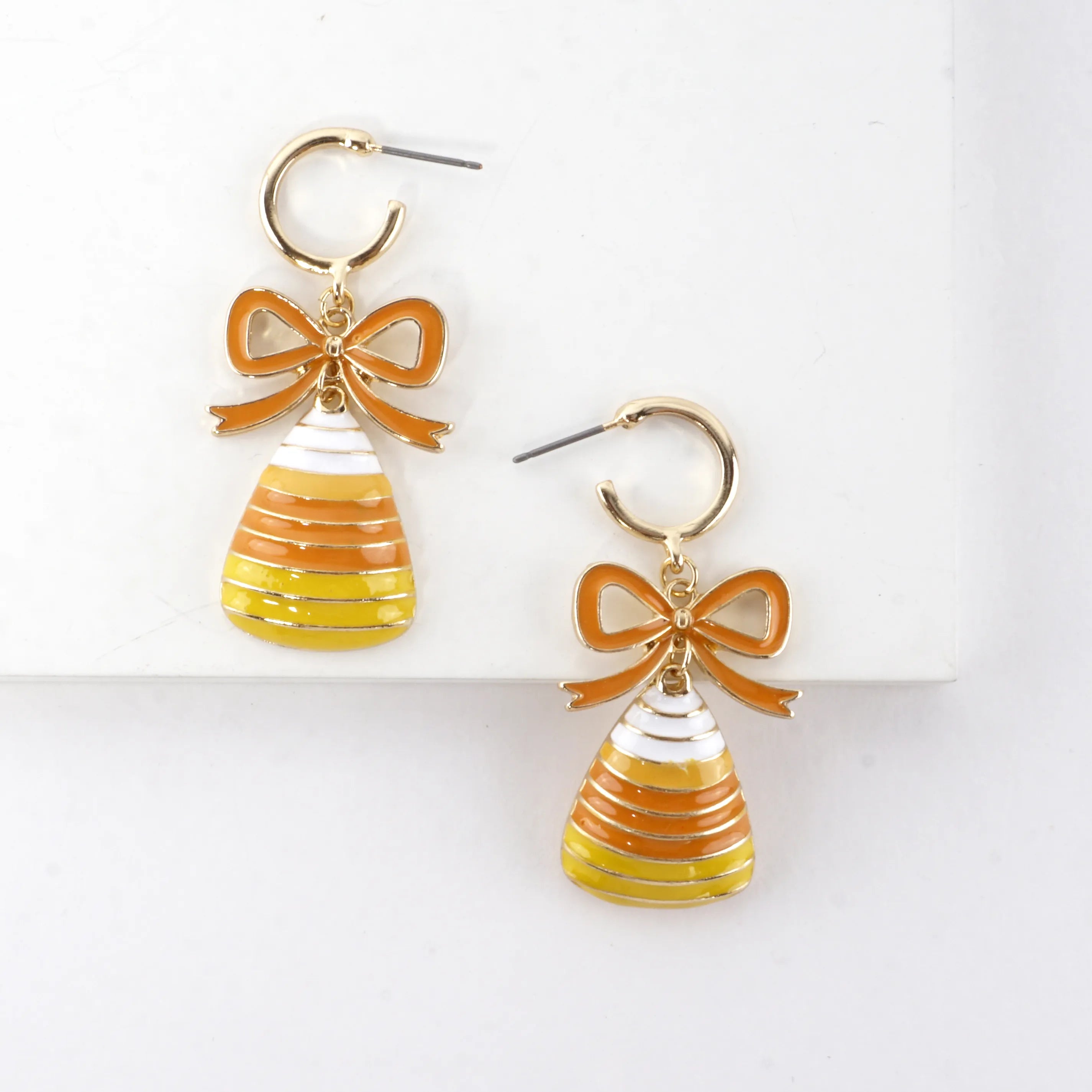 Enamel Candy Corn Bow Dangle Hoop Earrings