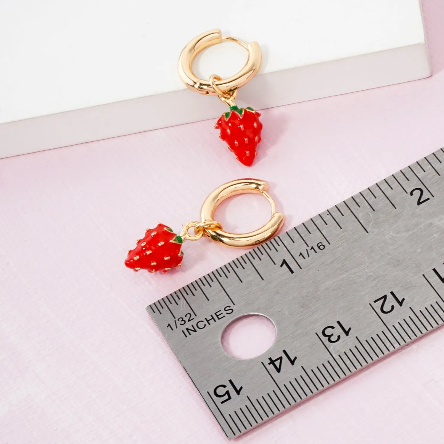 Enamel Strawberry Drop 10mm Huggie Hoop Earrings