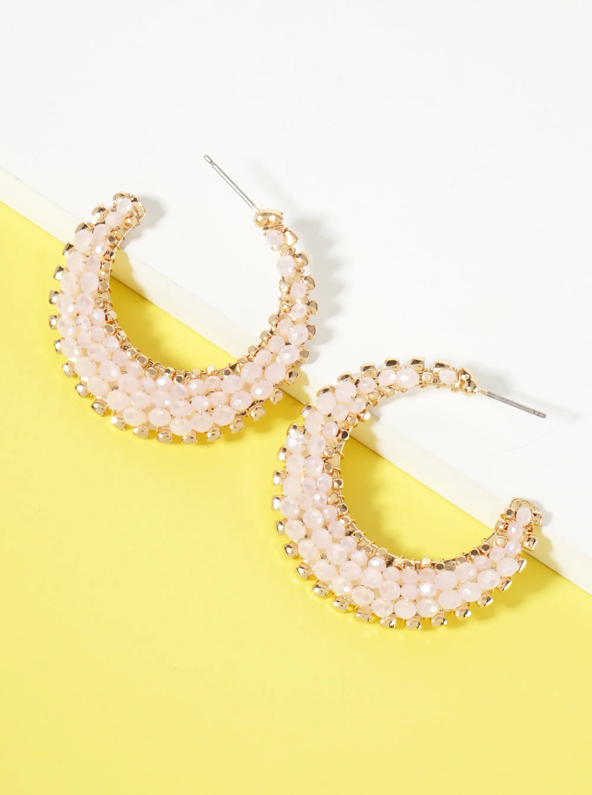 Faceted-Glass-Bead Wire-Wrapped Crescent Moon-Shaped Tapered 35mm Open Hoop Earrings