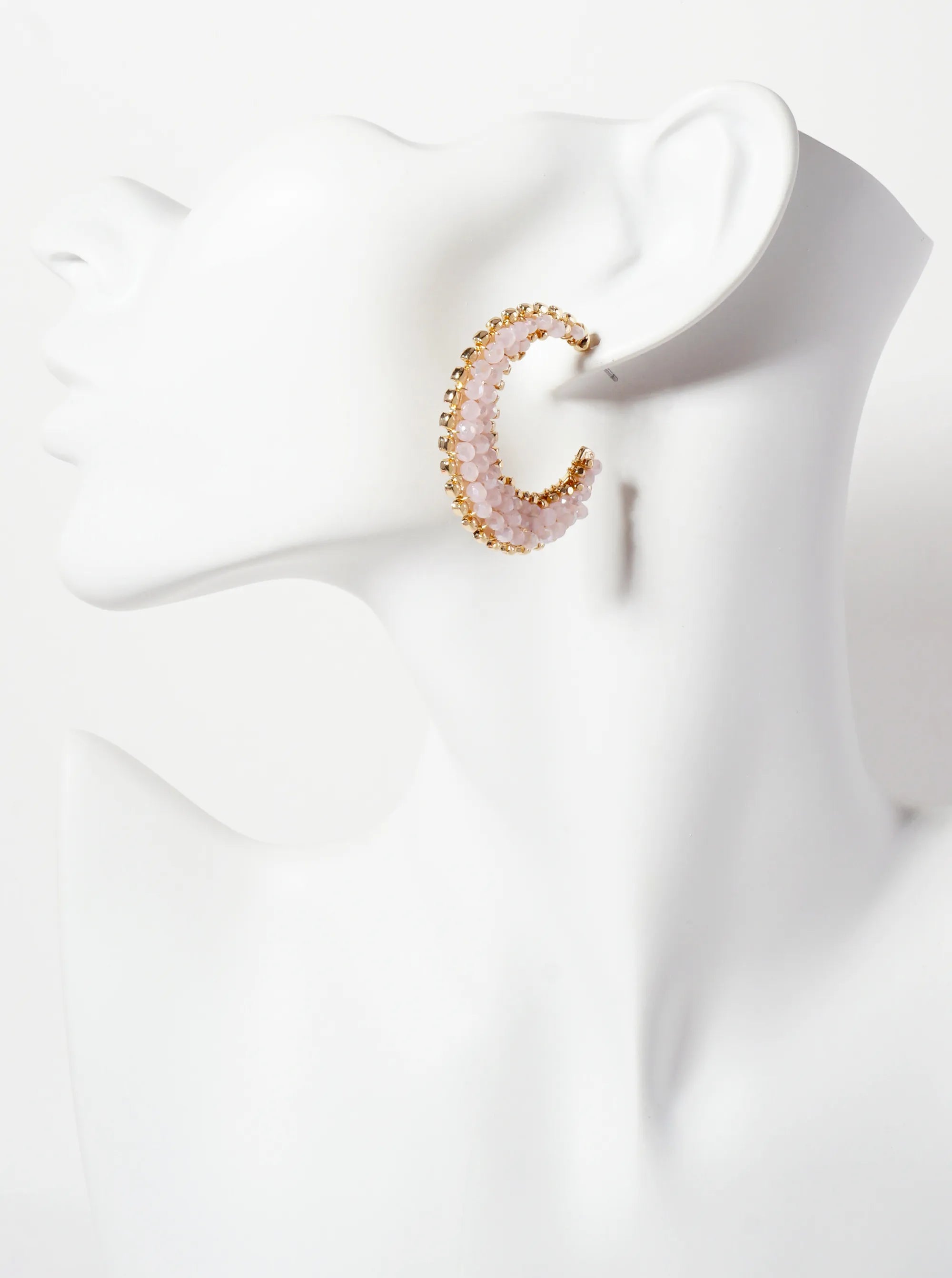 Faceted-Glass-Bead Wire-Wrapped Crescent Moon-Shaped Tapered 35mm Open Hoop Earrings