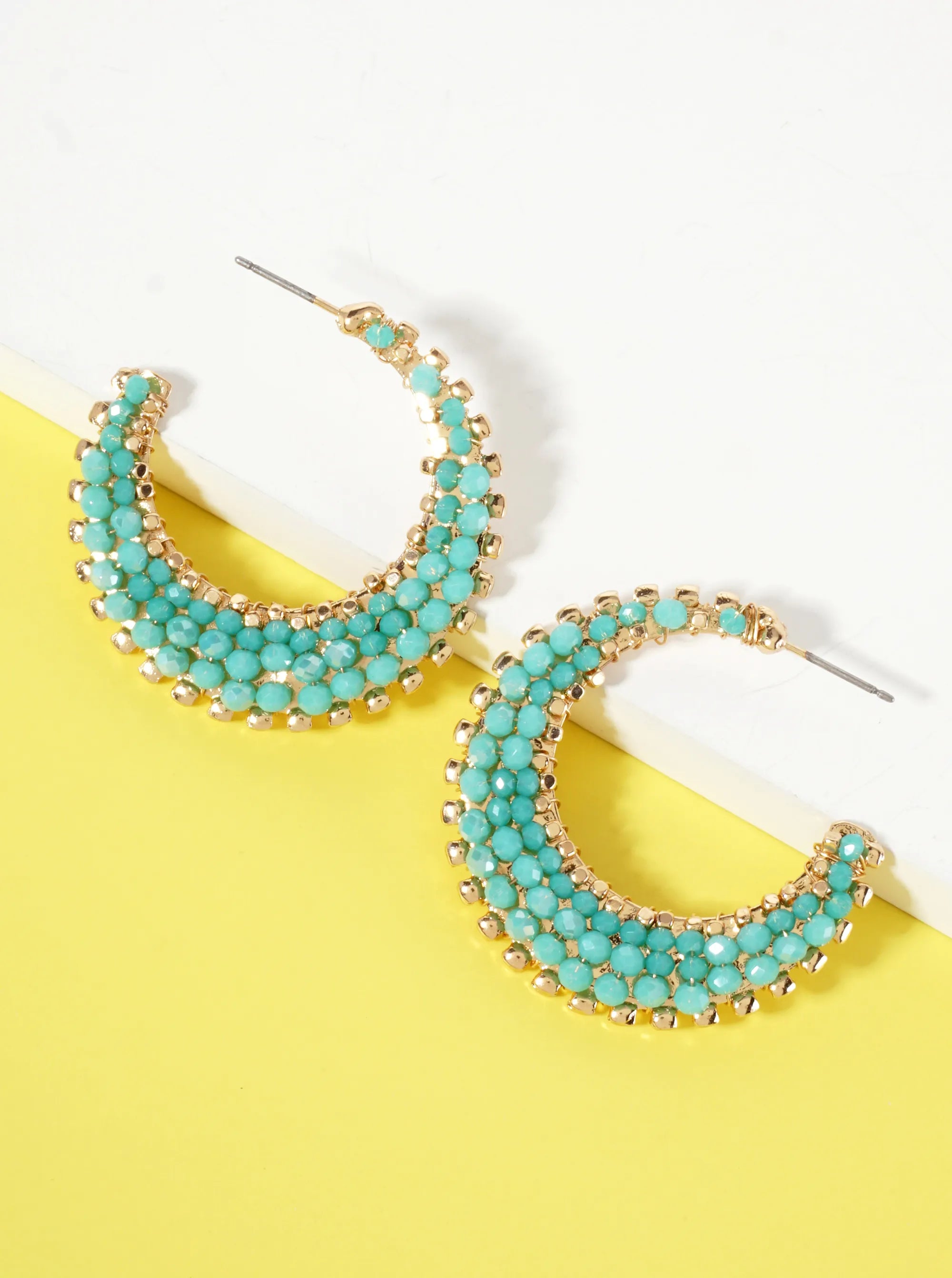 Faceted-Glass-Bead Wire-Wrapped Crescent Moon-Shaped Tapered 35mm Open Hoop Earrings