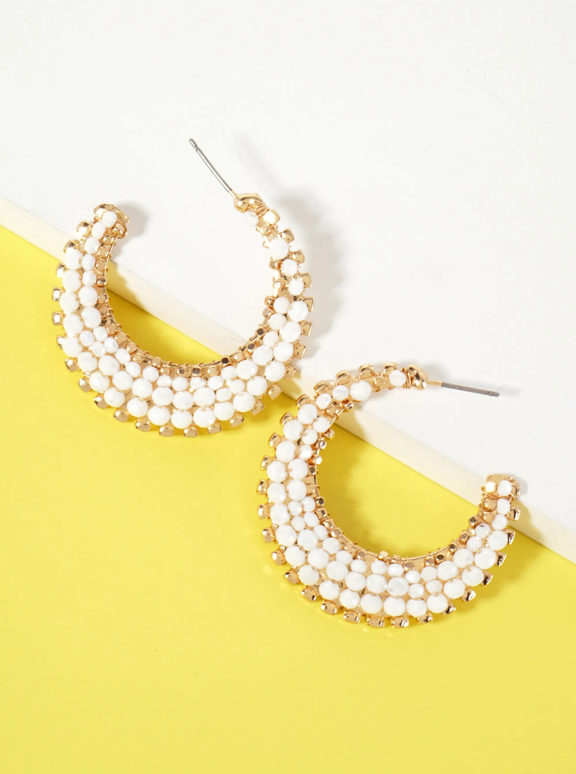 Faceted-Glass-Bead Wire-Wrapped Crescent Moon-Shaped Tapered 35mm Open Hoop Earrings