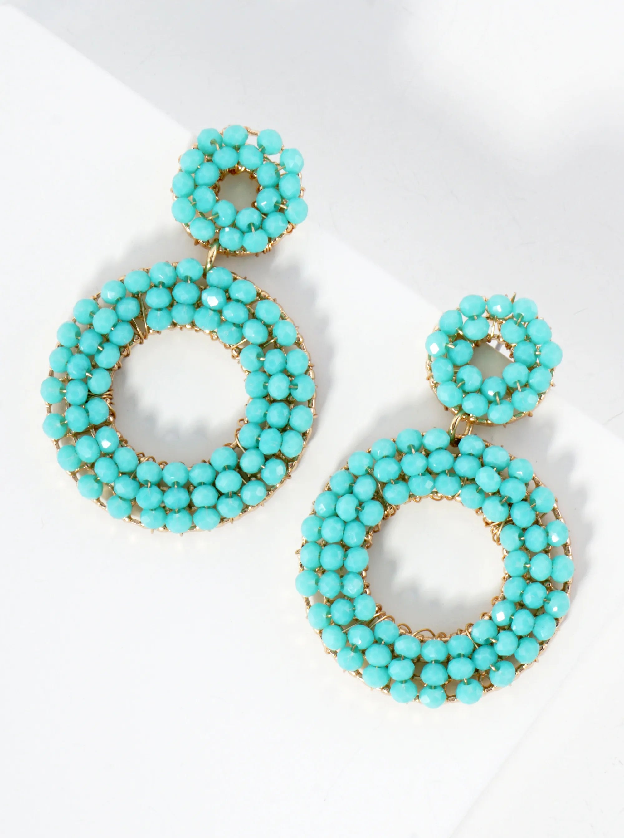 Faceted Glass-Bead Wire-Wrapped Double Circle Statement Earrings