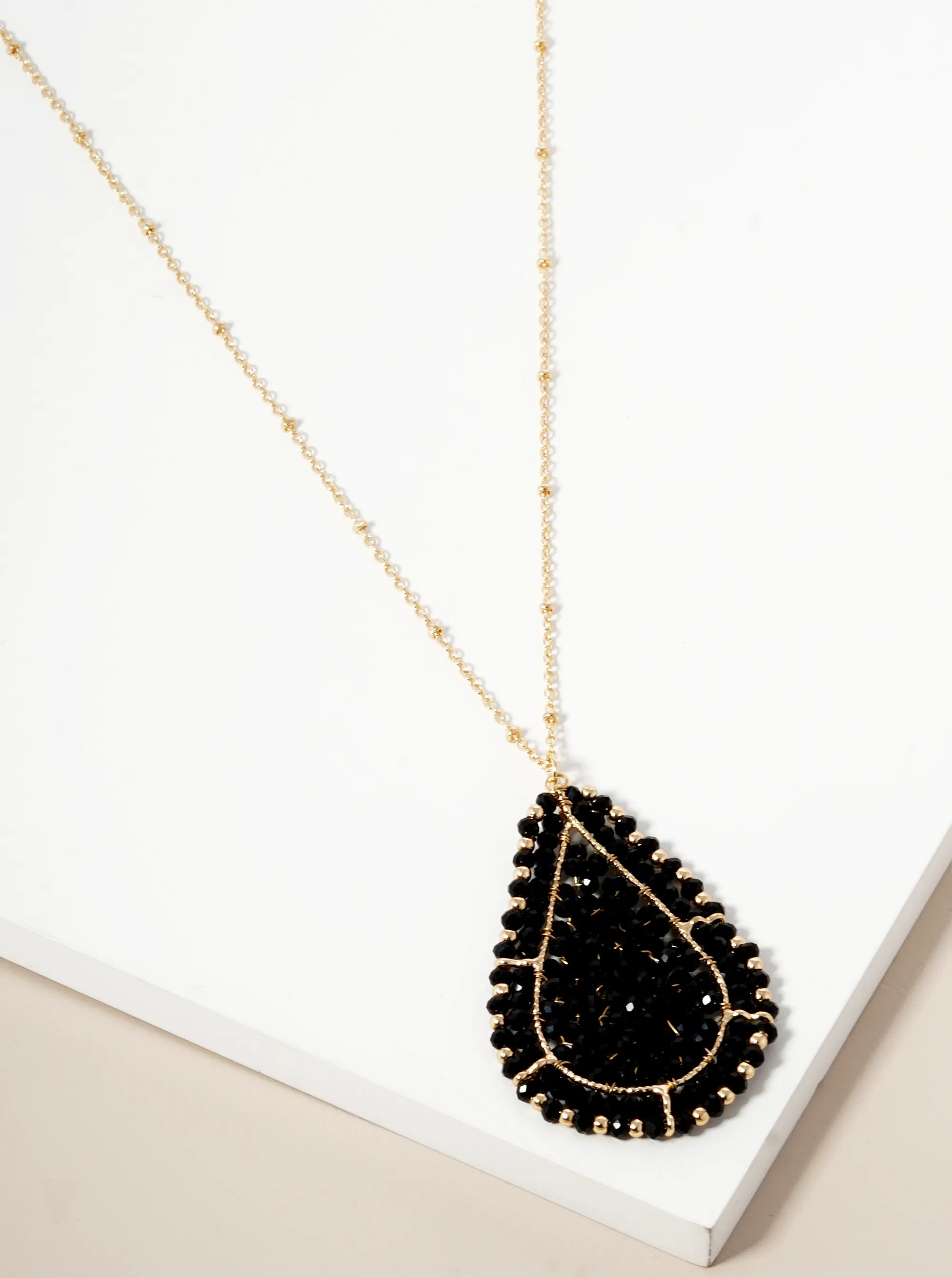 Faceted Glass Beaded Teardrop Pendant Long Necklace