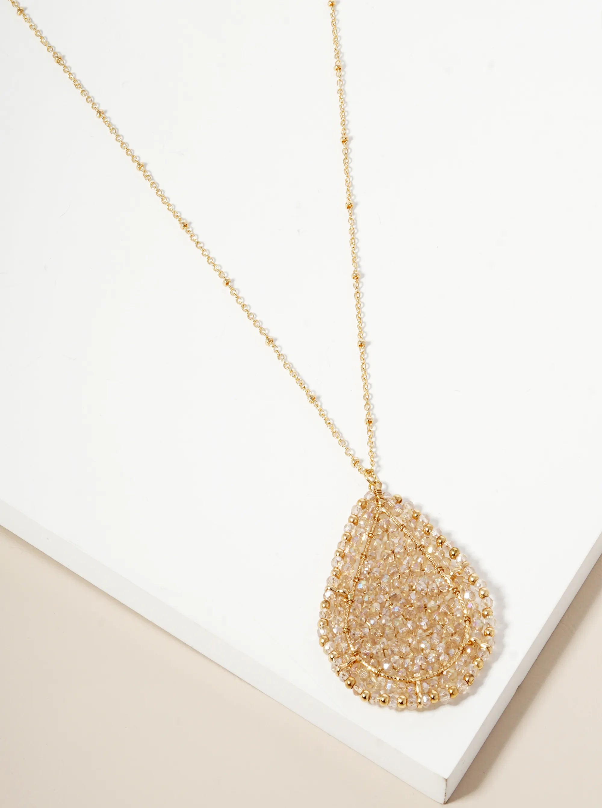 Faceted Glass Beaded Teardrop Pendant Long Necklace