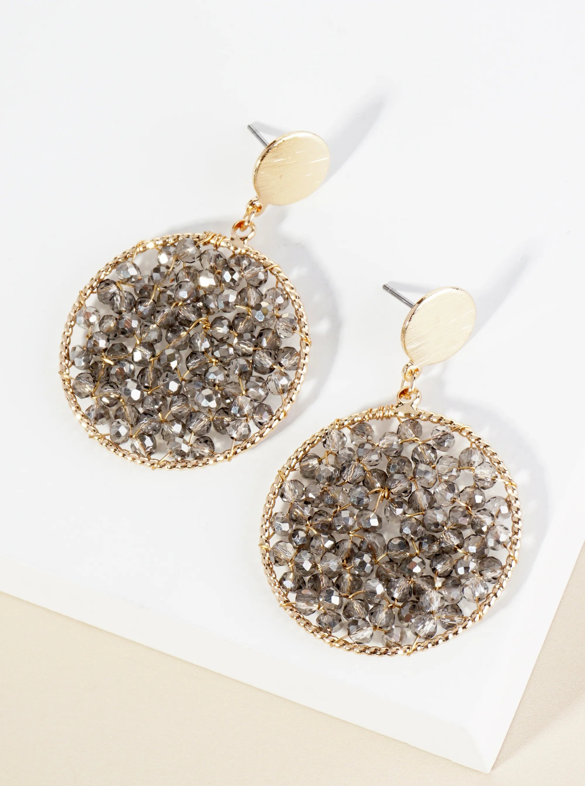 Faceted Glass Beads Wire Wrapped Circle Drop Post Earrings