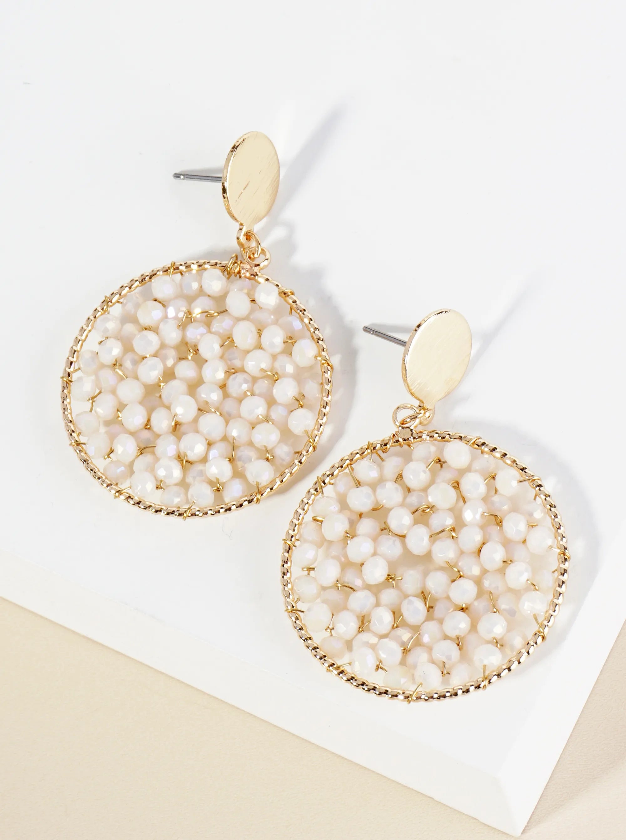 Faceted Glass Beads Wire Wrapped Circle Drop Post Earrings