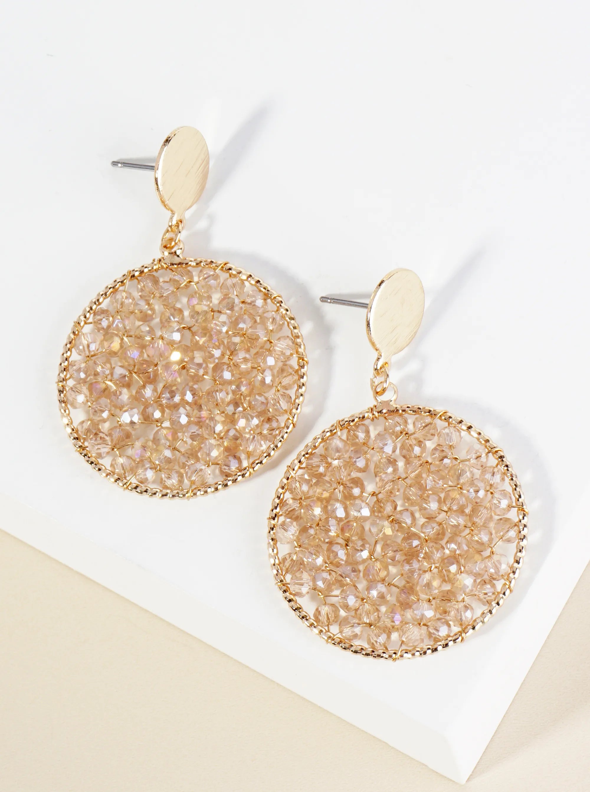 Faceted Glass Beads Wire Wrapped Circle Drop Post Earrings