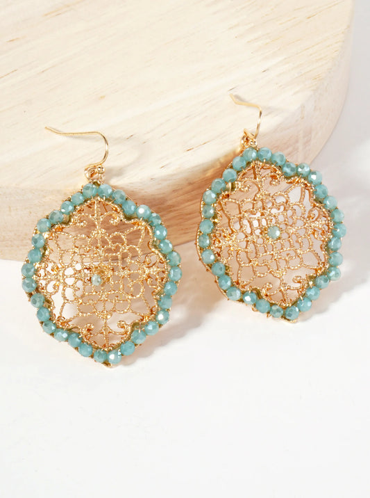 Faceted-Glass-Beads Wire-Wrapped Filigree Dangle Earrings