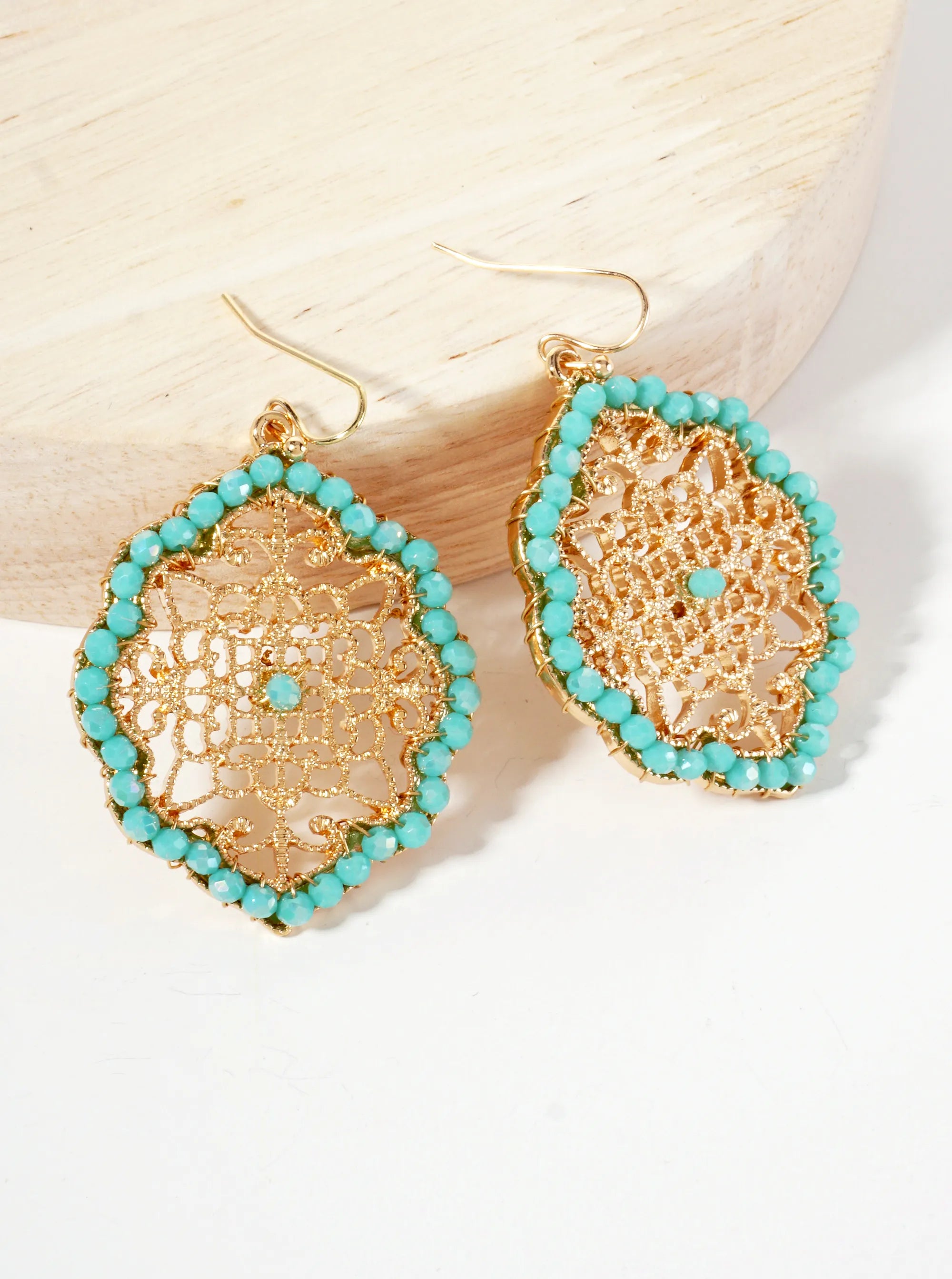 Faceted-Glass-Beads Wire-Wrapped Filigree Dangle Earrings