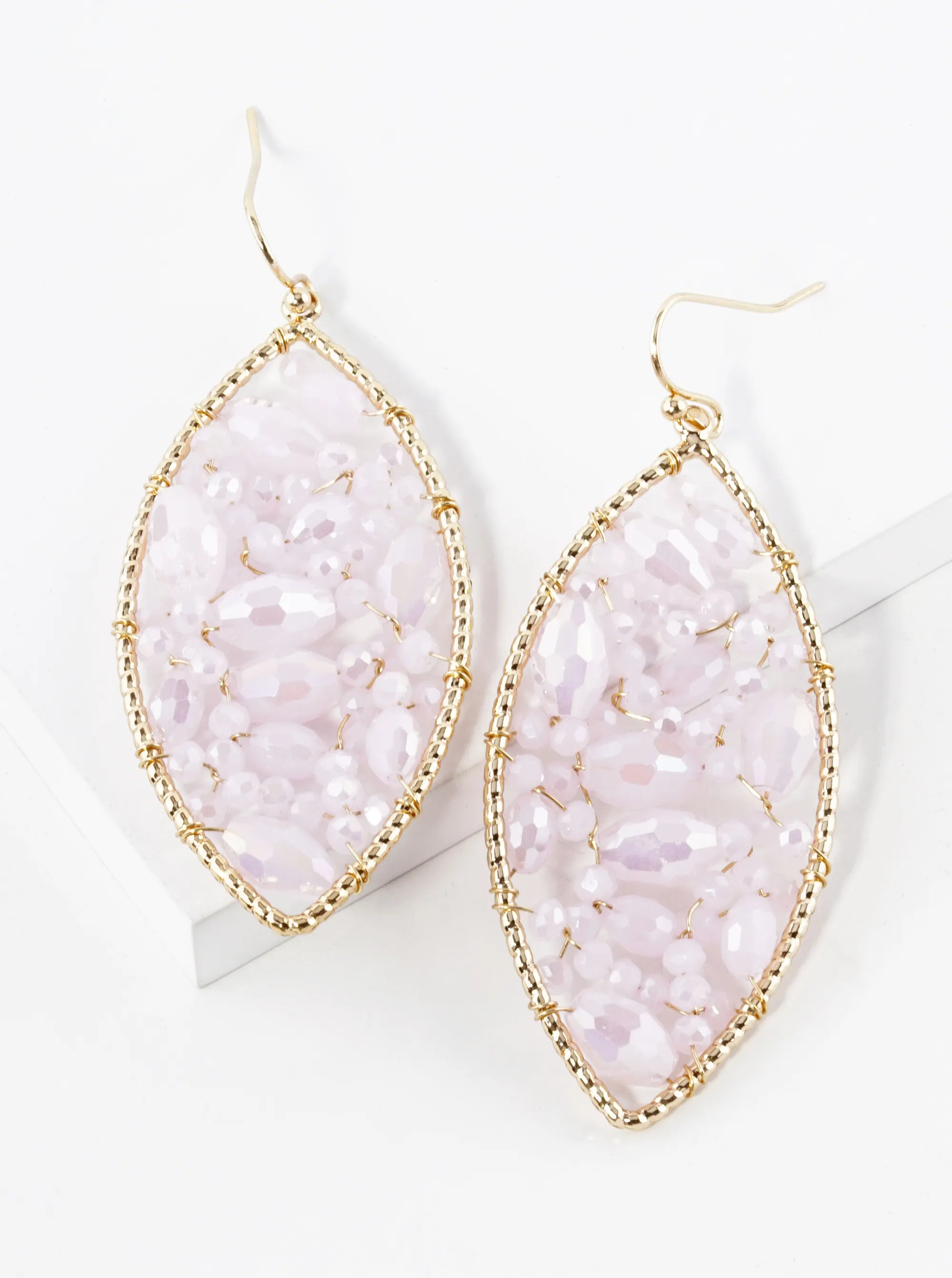 Faceted Glass Beads Wire Wrapped Marquise Shape Dangle Drop Earrings