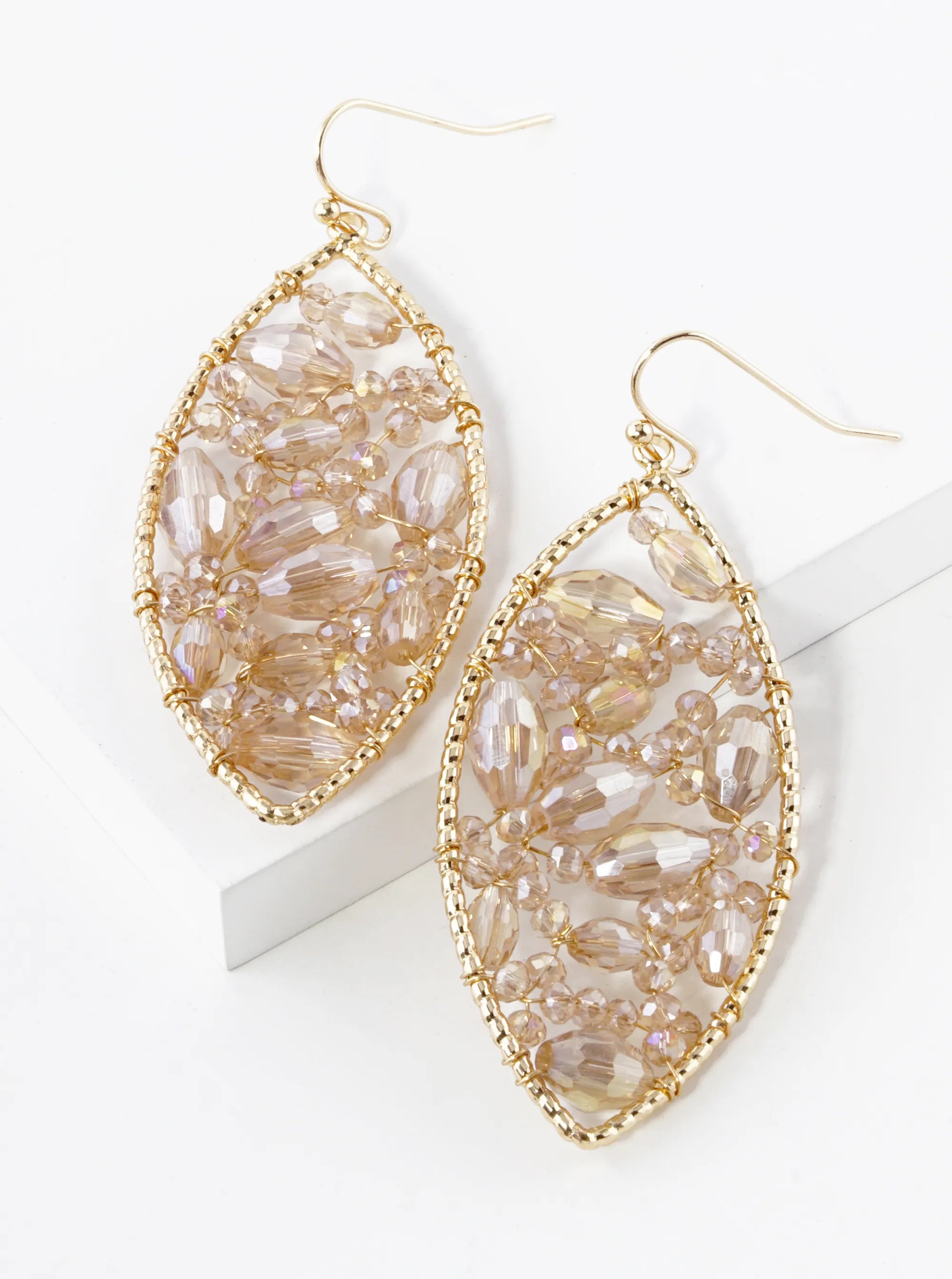 Faceted Glass Beads Wire Wrapped Marquise Shape Dangle Drop Earrings
