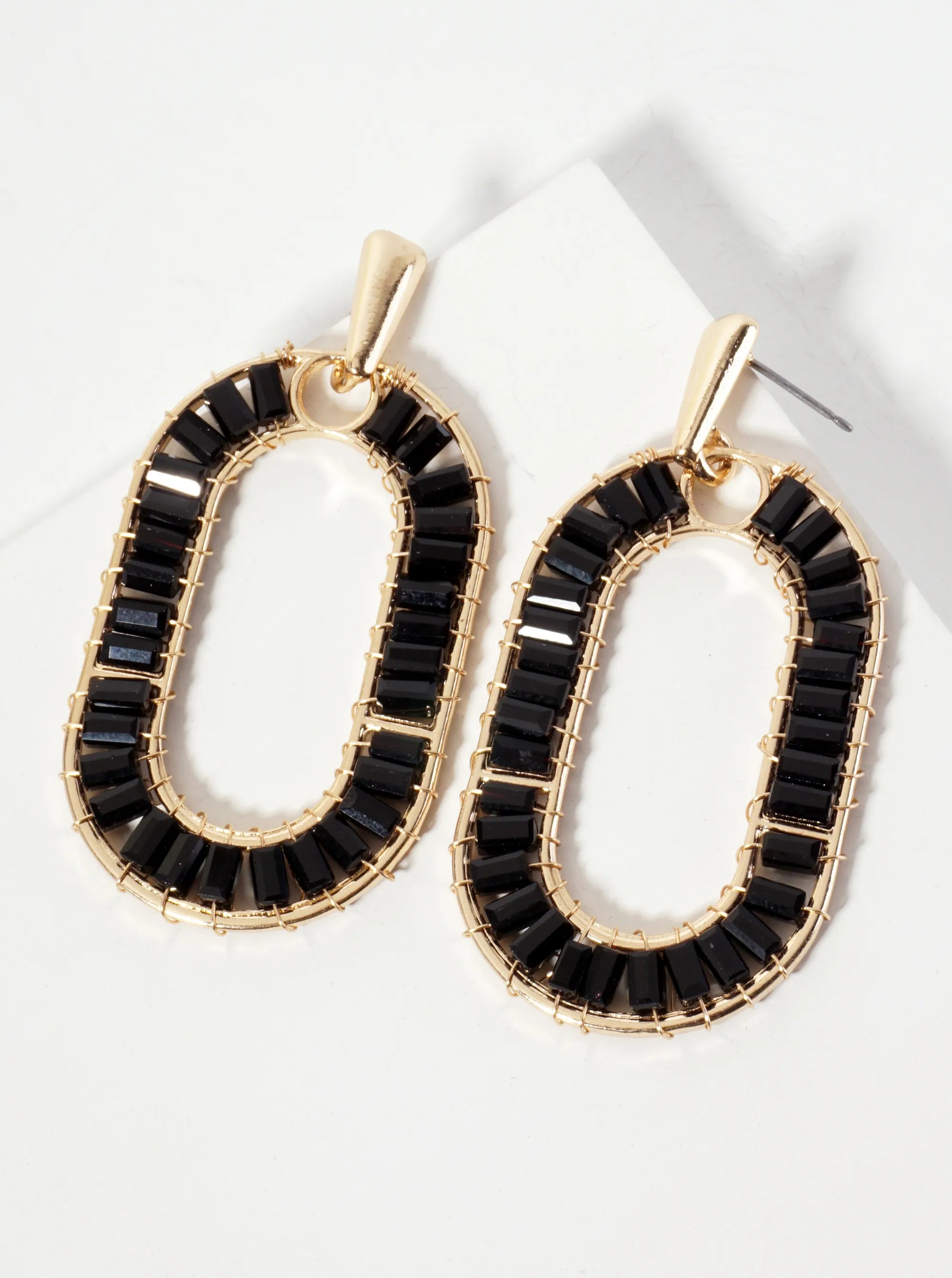 Faceted-Glass-Beads Wire-Wrapped Oval Drop Statement Earrings