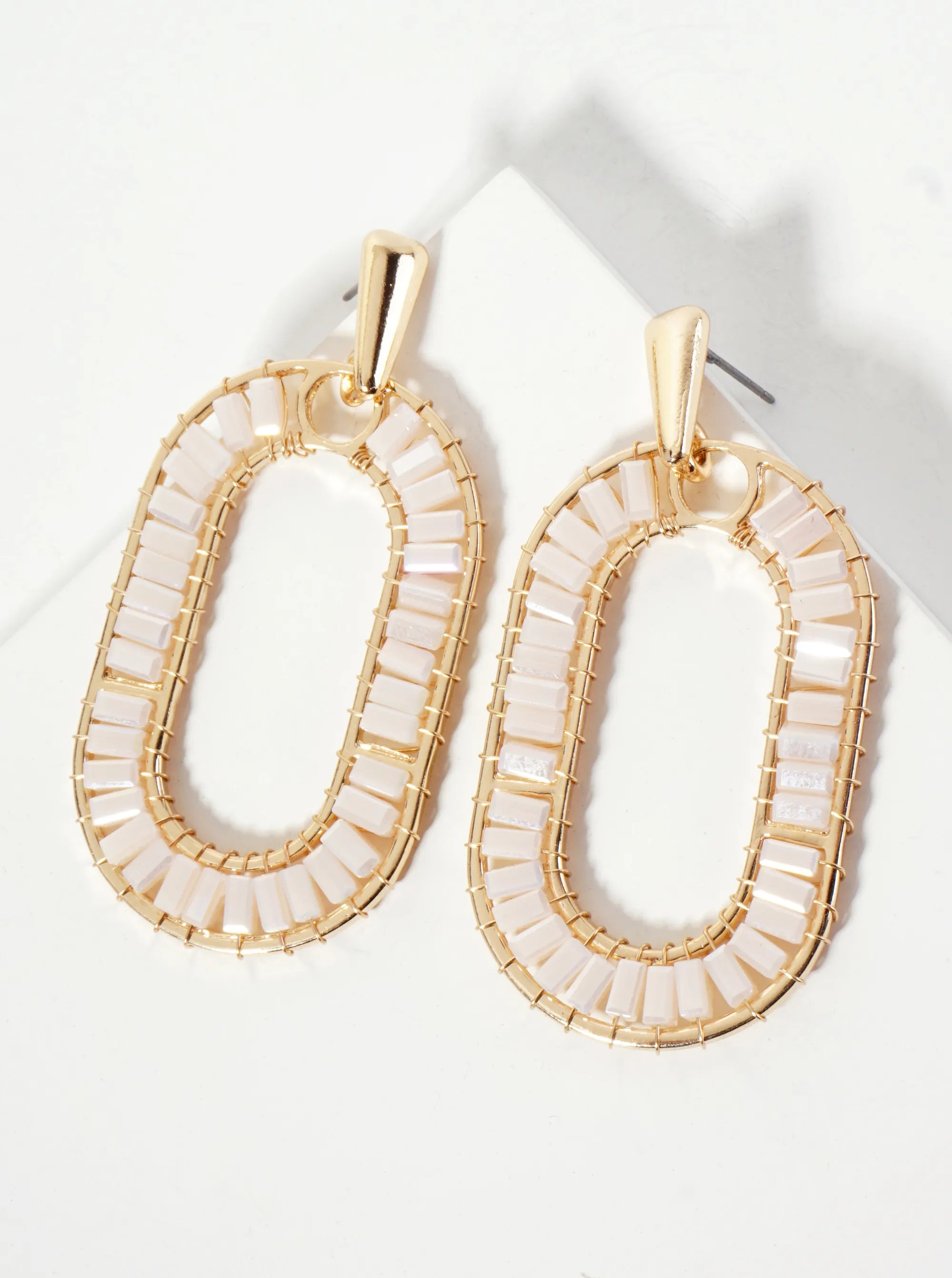 Faceted-Glass-Beads Wire-Wrapped Oval Drop Statement Earrings