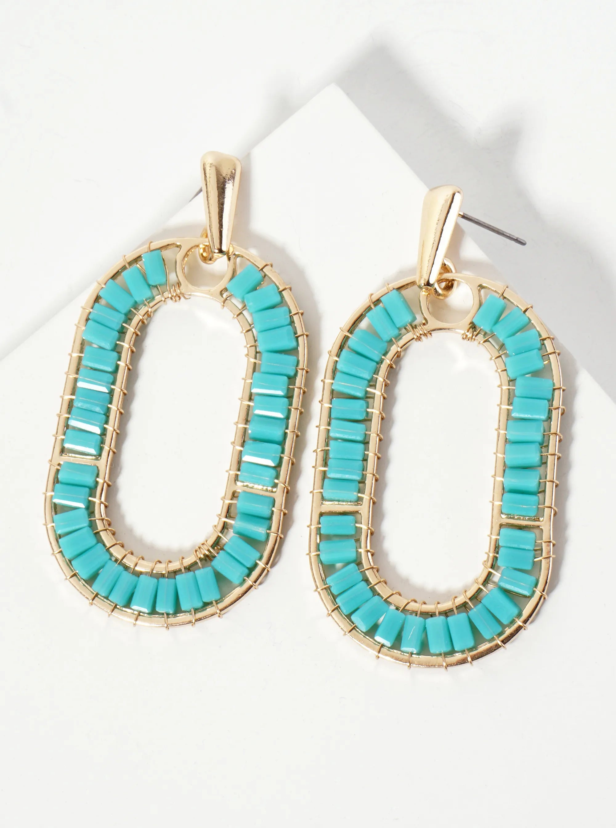 Faceted-Glass-Beads Wire-Wrapped Oval Drop Statement Earrings