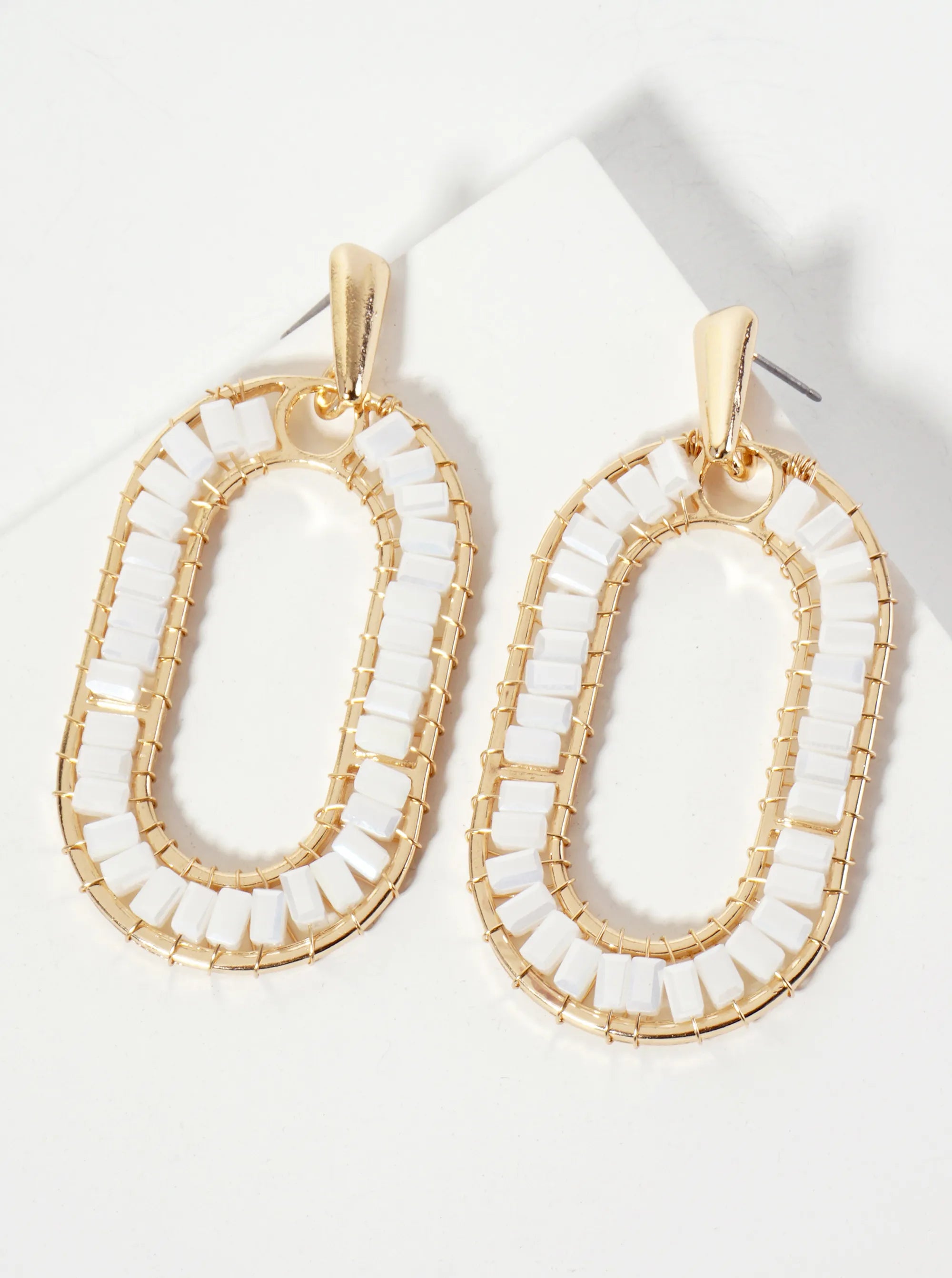 Faceted-Glass-Beads Wire-Wrapped Oval Drop Statement Earrings
