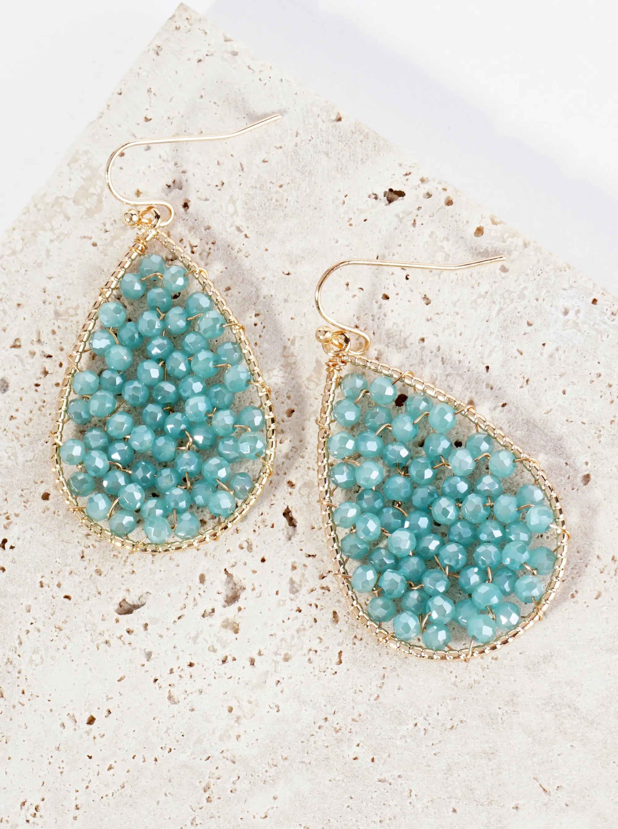 Faceted Glass Beads Wire Wrapped Teardrop Dangle Earrings