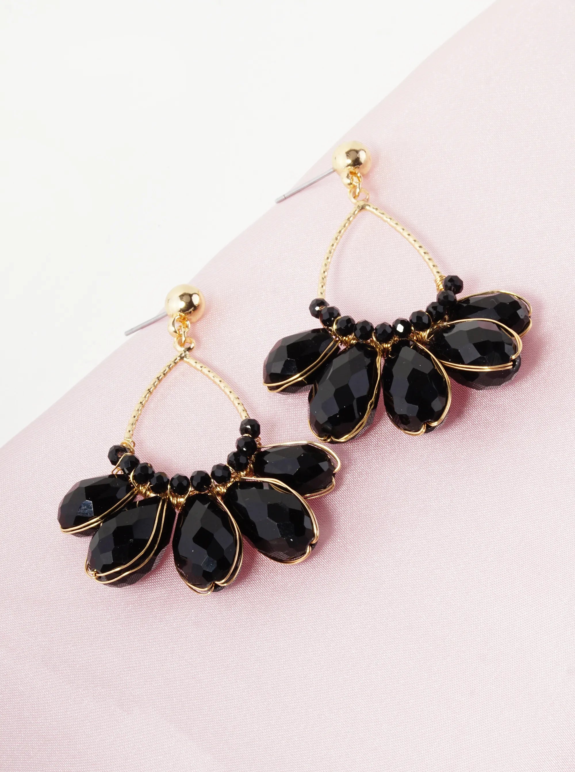 Faceted Glass Beads Wire Wrapped Textured Teardrop Dangle Earrings