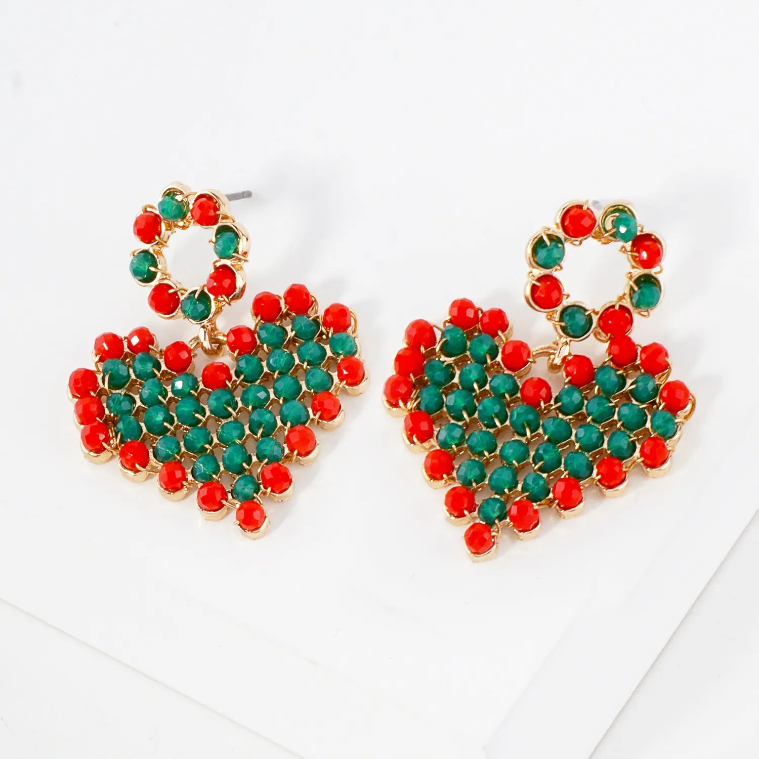 Faceted Glass Beads Wired Wrapped Heart Drop Christmas Earrings