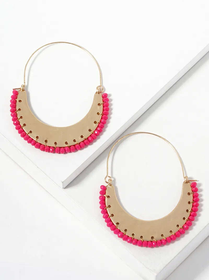 Faceted Glass Bead Wrapped Crescent Statement Earrings