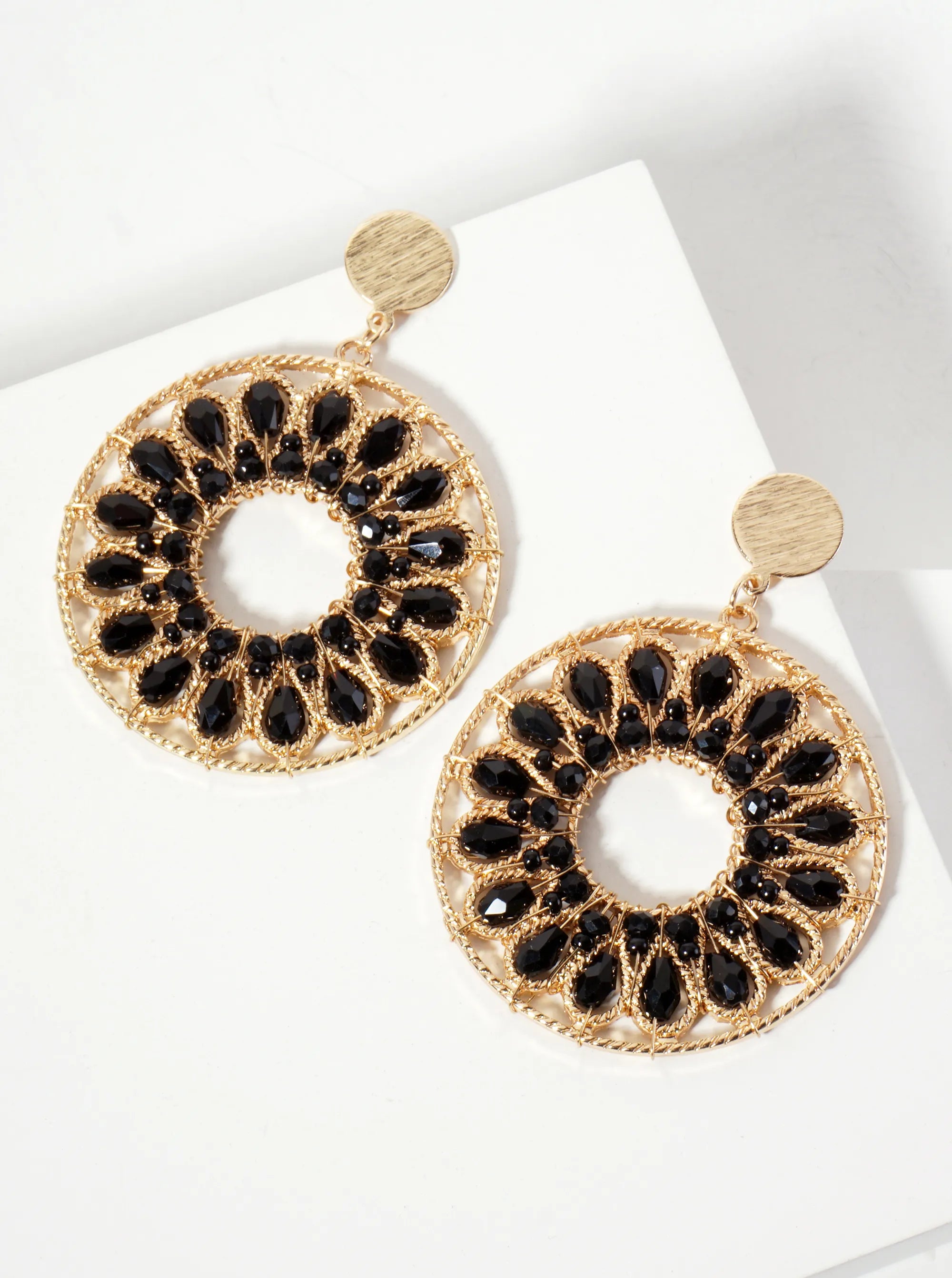 Flower Pattern Glass-Beads Wire Wrapped Round Statement Earrings
