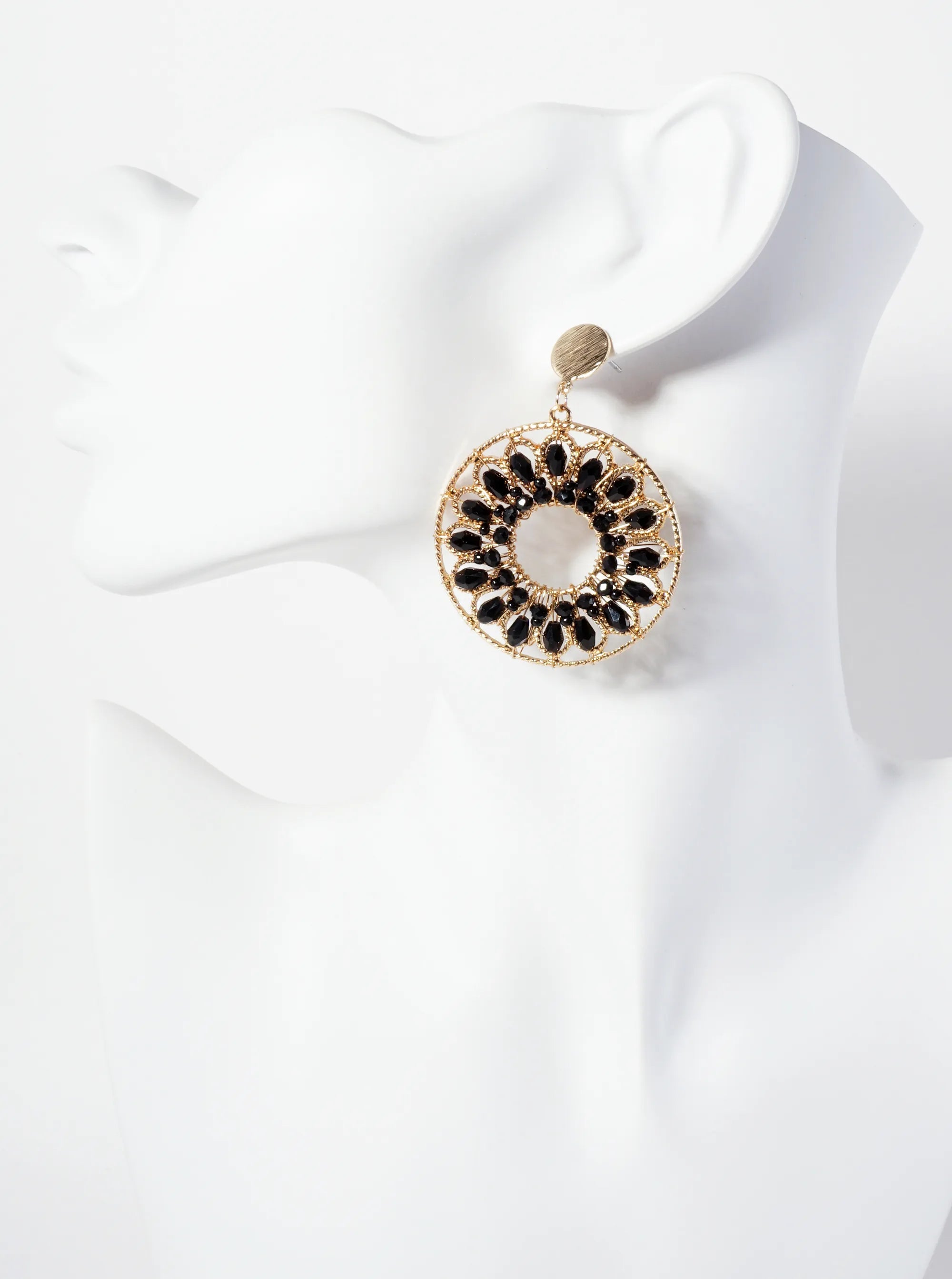 Flower Pattern Glass-Beads Wire Wrapped Round Statement Earrings