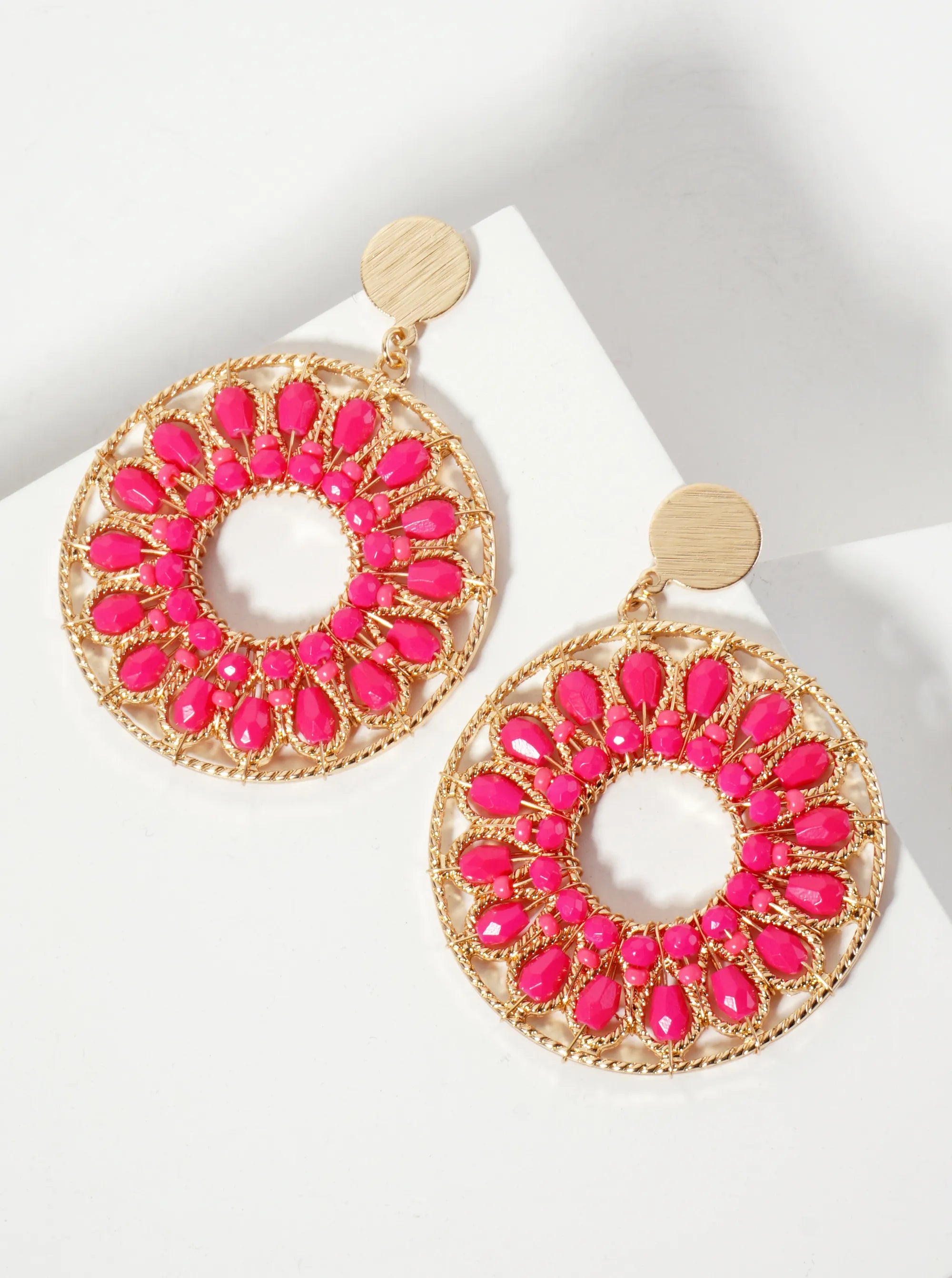 Flower Pattern Glass-Beads Wire Wrapped Round Statement Earrings