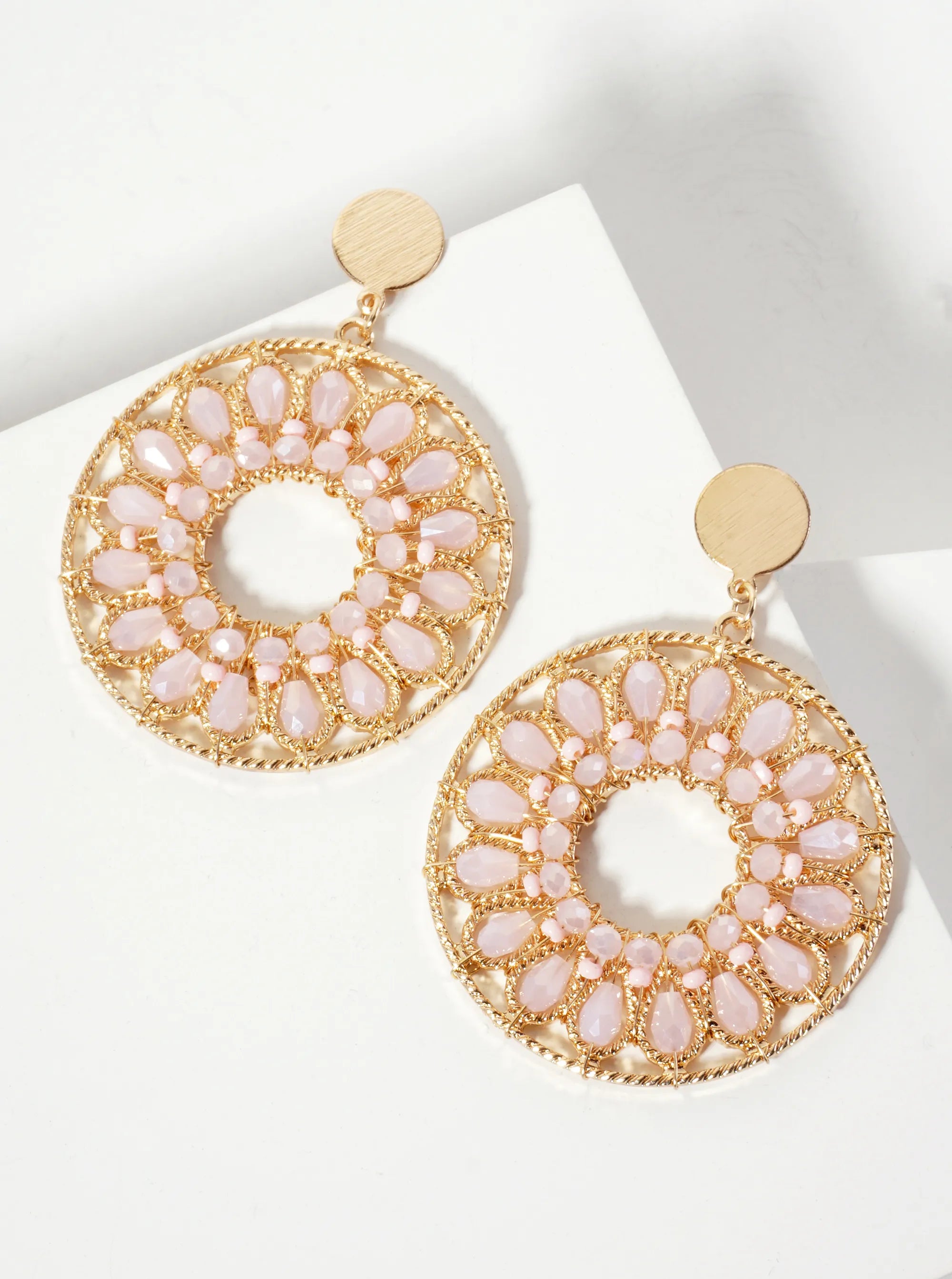Flower Pattern Glass-Beads Wire Wrapped Round Statement Earrings