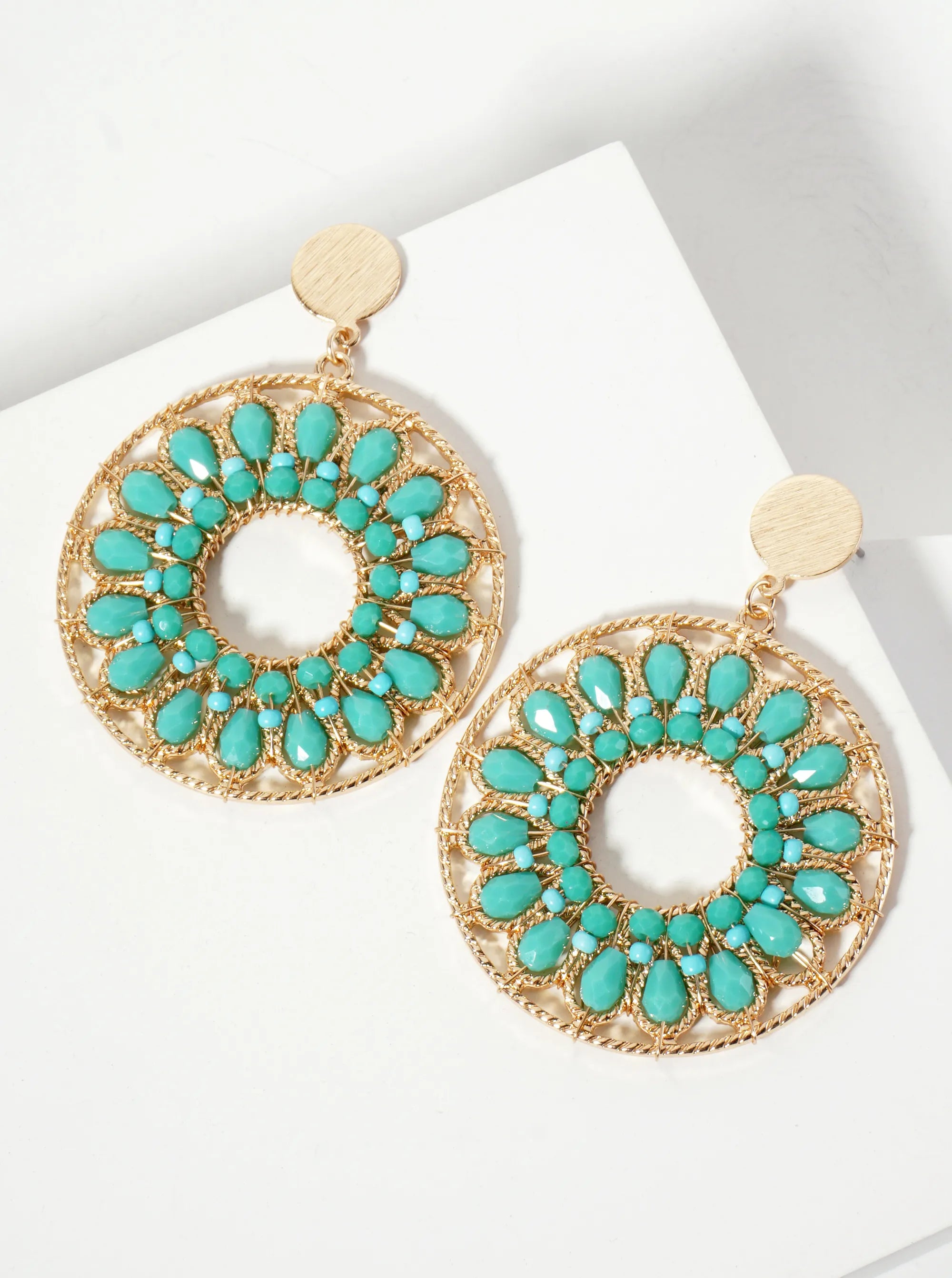Flower Pattern Glass-Beads Wire Wrapped Round Statement Earrings