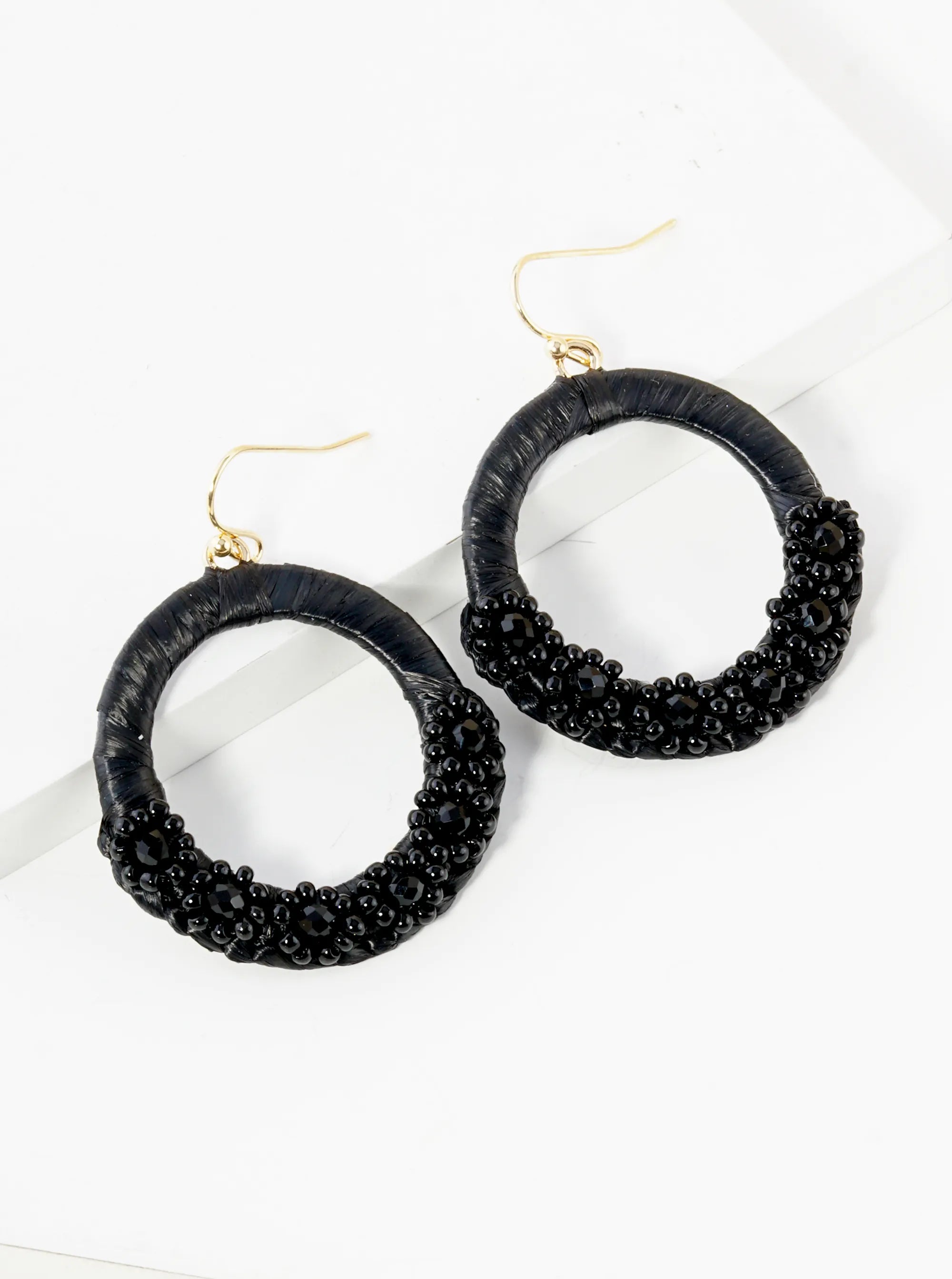 Flower Shape Beaded Raffia Wrapped Circle Dangle Drop Earrings