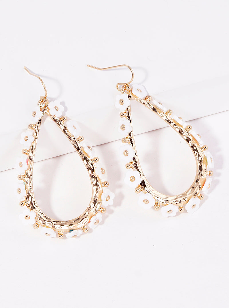 Flower Beaded Metal Hammer Textured Teardrop Dangle Earrings