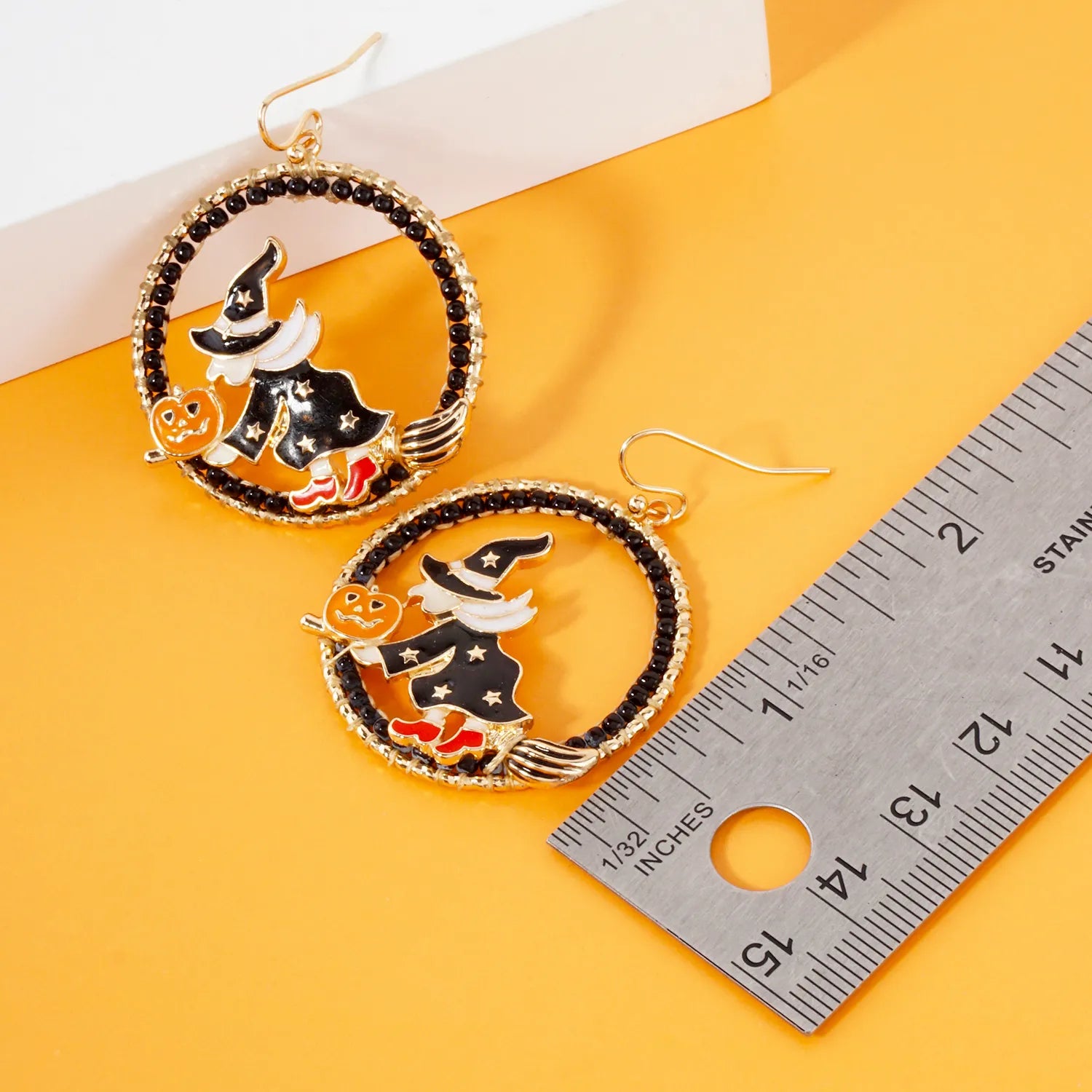 Flying Witch On Broomstick Circle Drop Halloween Earrings