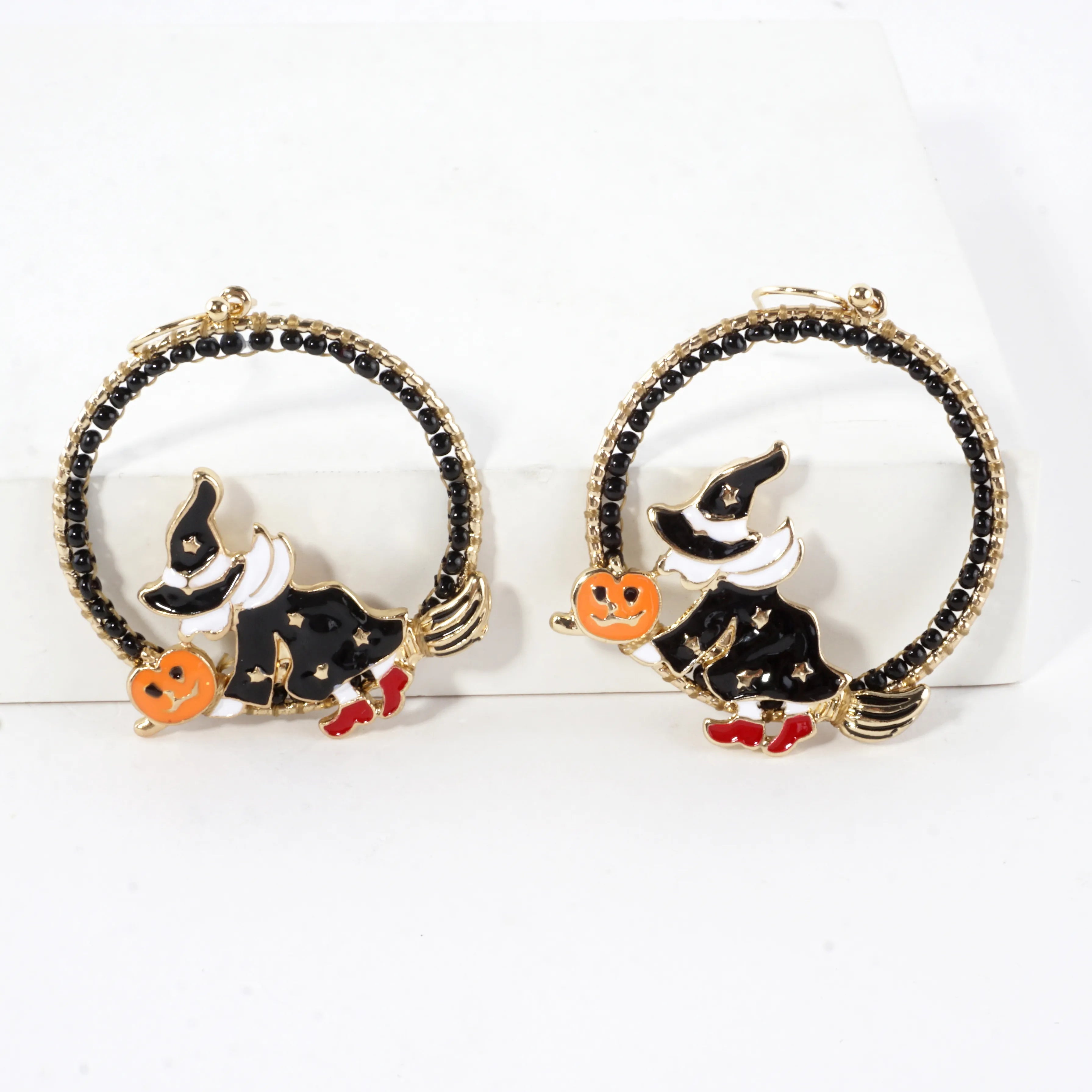 Flying Witch On Broomstick Circle Drop Halloween Earrings
