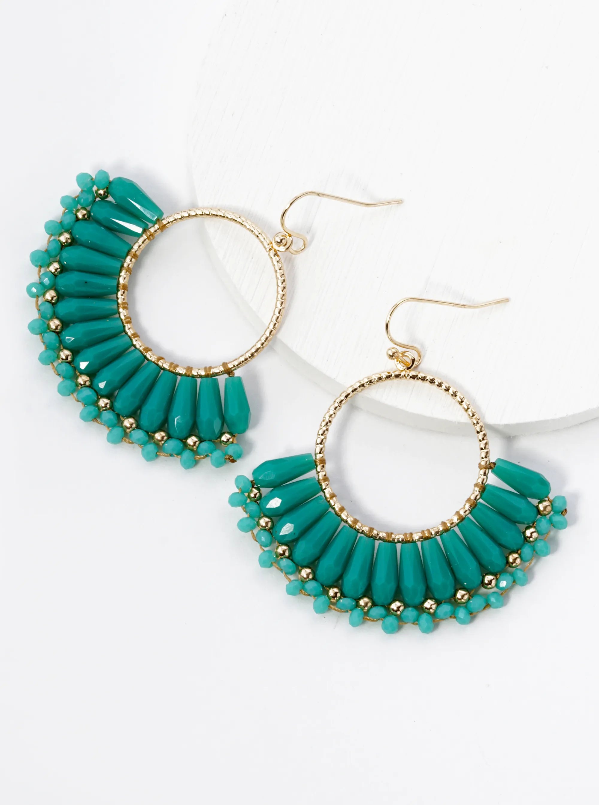 Fringe Glass Beads Drop Textured Circle Dangle Earrings