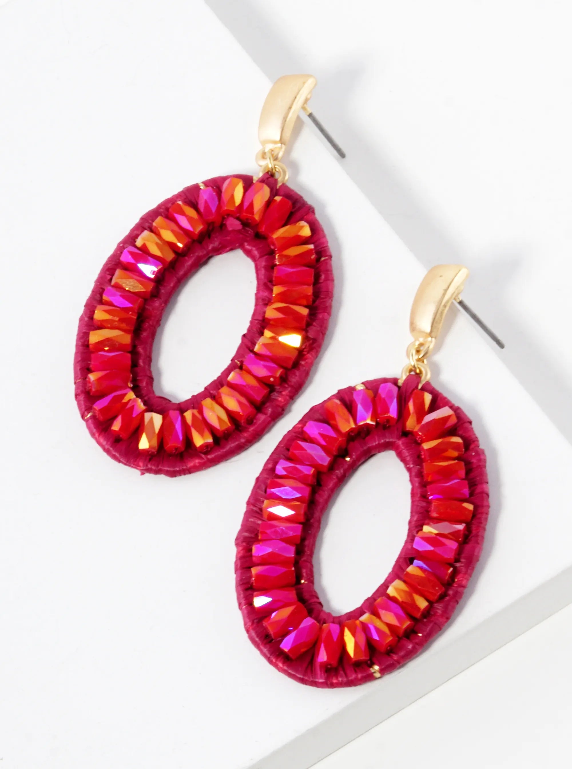 Glass Bead Raffia Wrapped Oval Drop Dangle Post Earrings